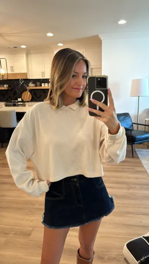 Collared Ribbed Knit Top, Cream