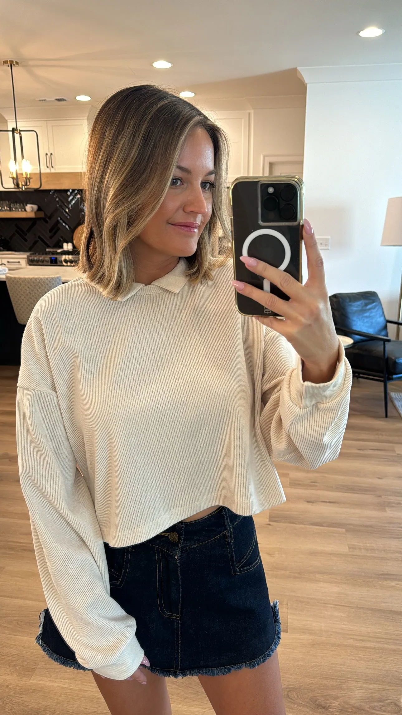 Collared Ribbed Knit Top, Cream