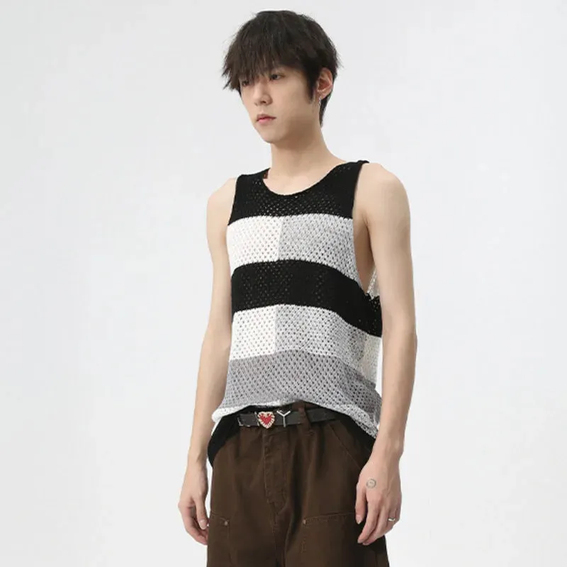 Color Block Knitted Hollow-Out Tank Top