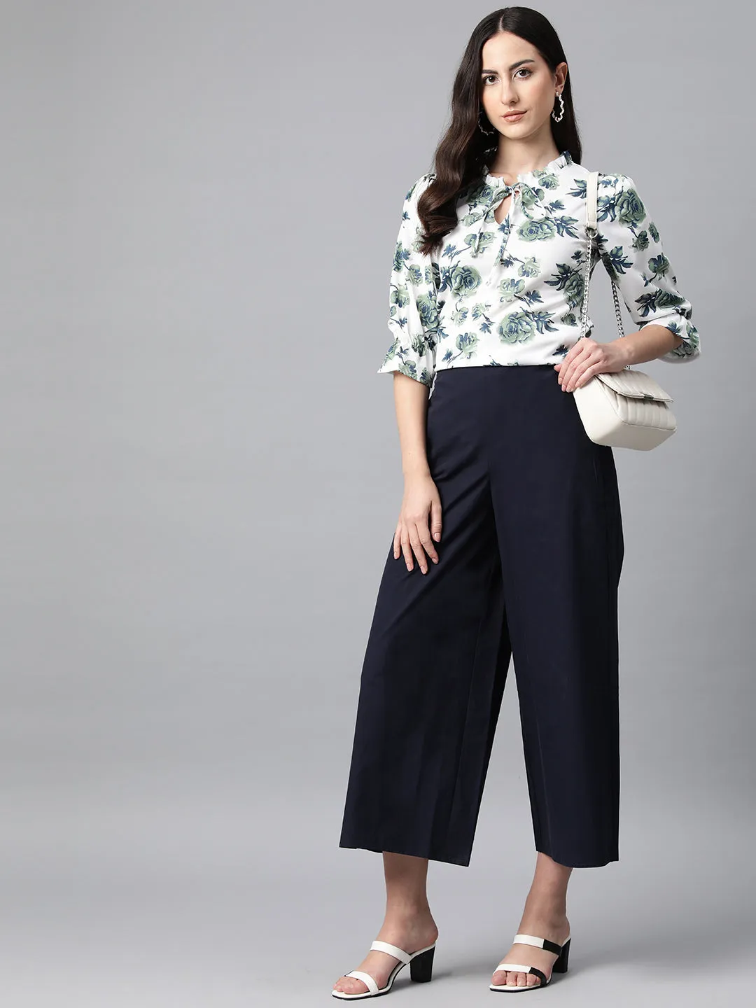 Cottinfab Floral Print Tie-Up Neck Top