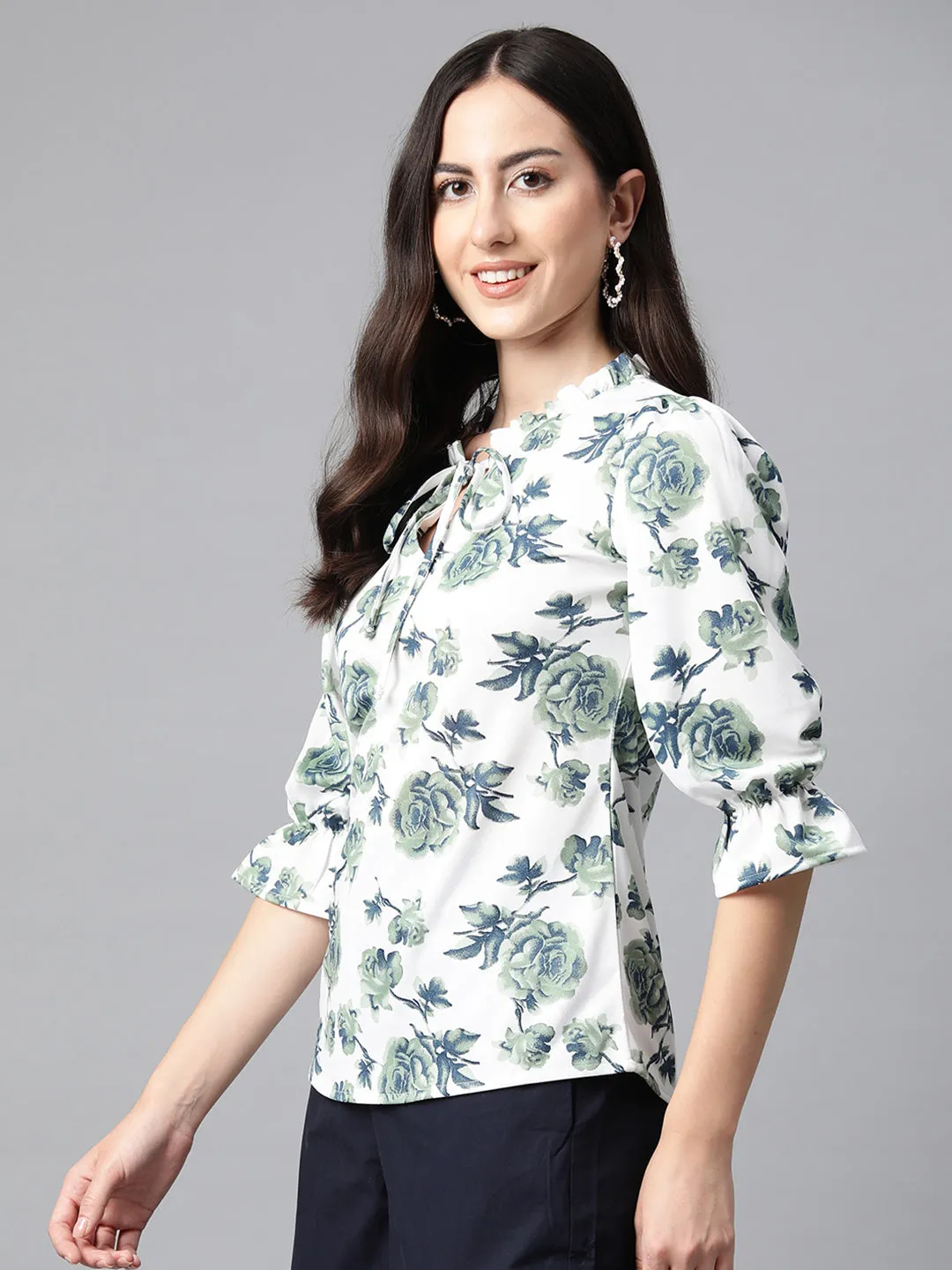 Cottinfab Floral Print Tie-Up Neck Top