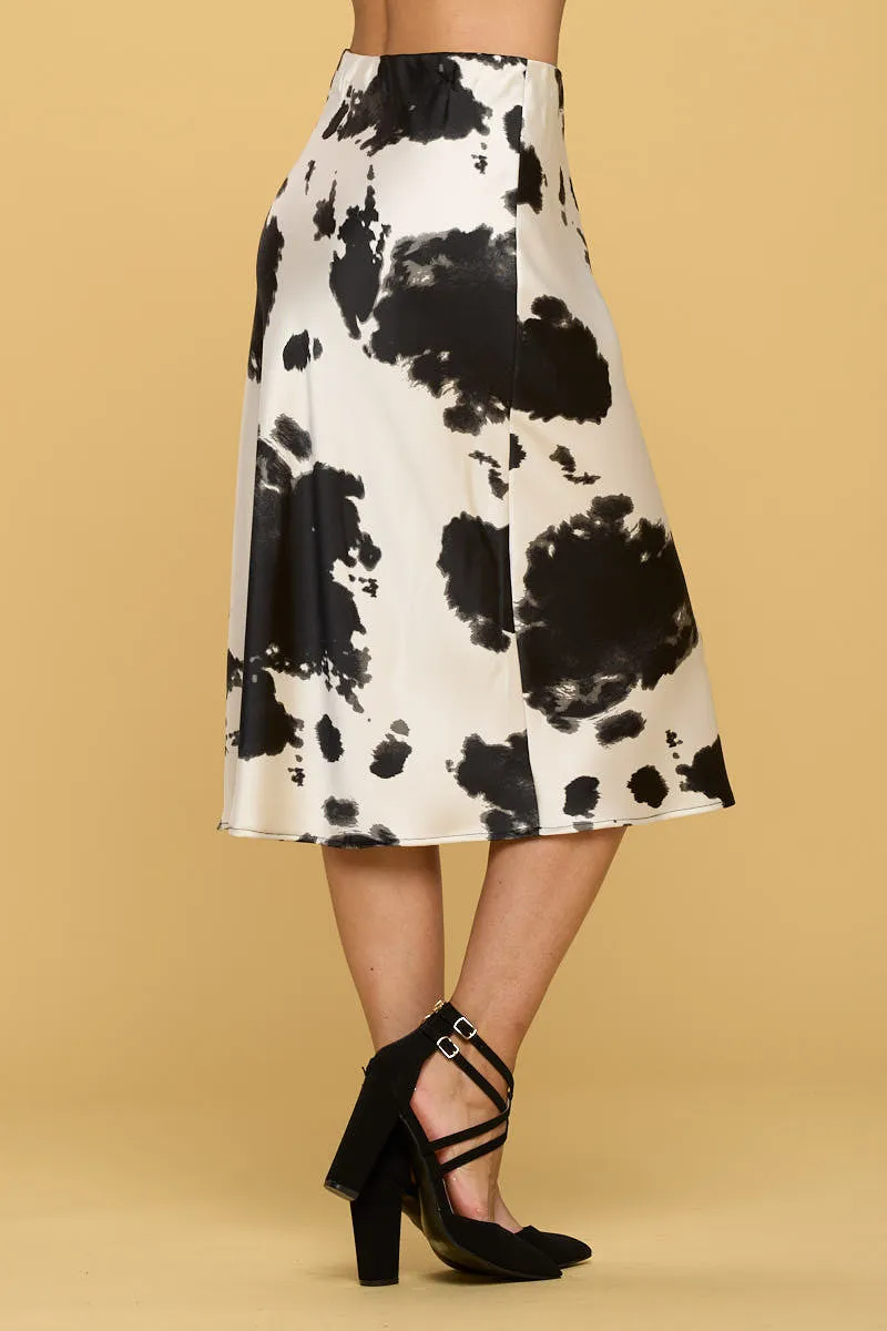 Cow Print Satin Midi Skirt
