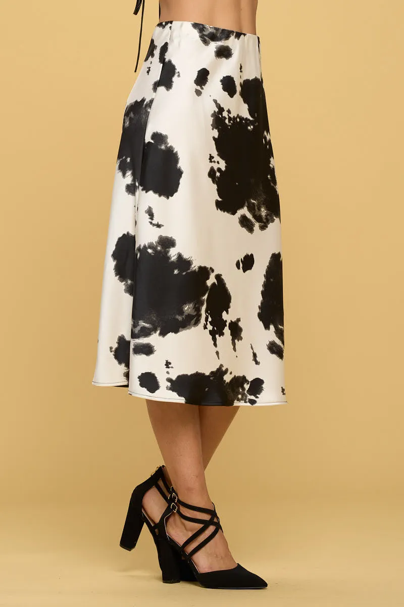 Cow Print Satin Midi Skirt