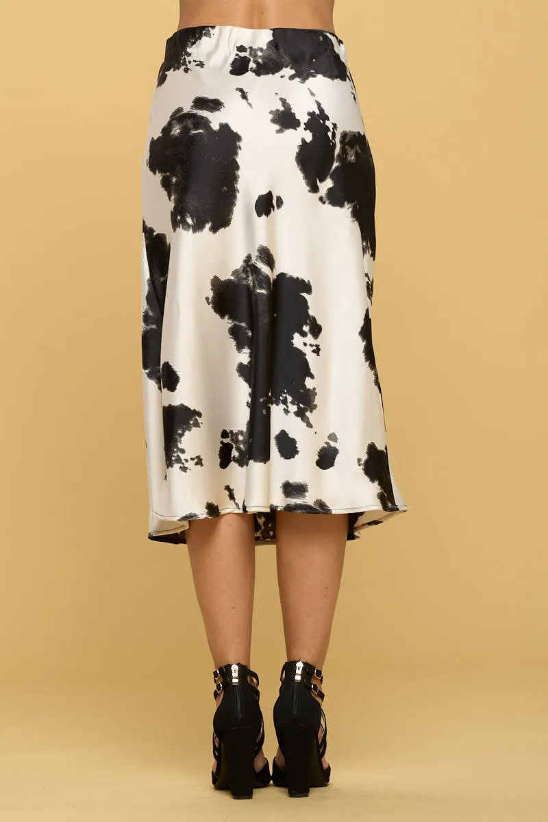 Cow Print Satin Midi Skirt