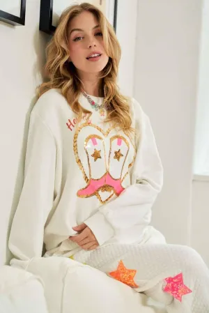 Cowgirl Rope Print With Sequin Boots Sweater