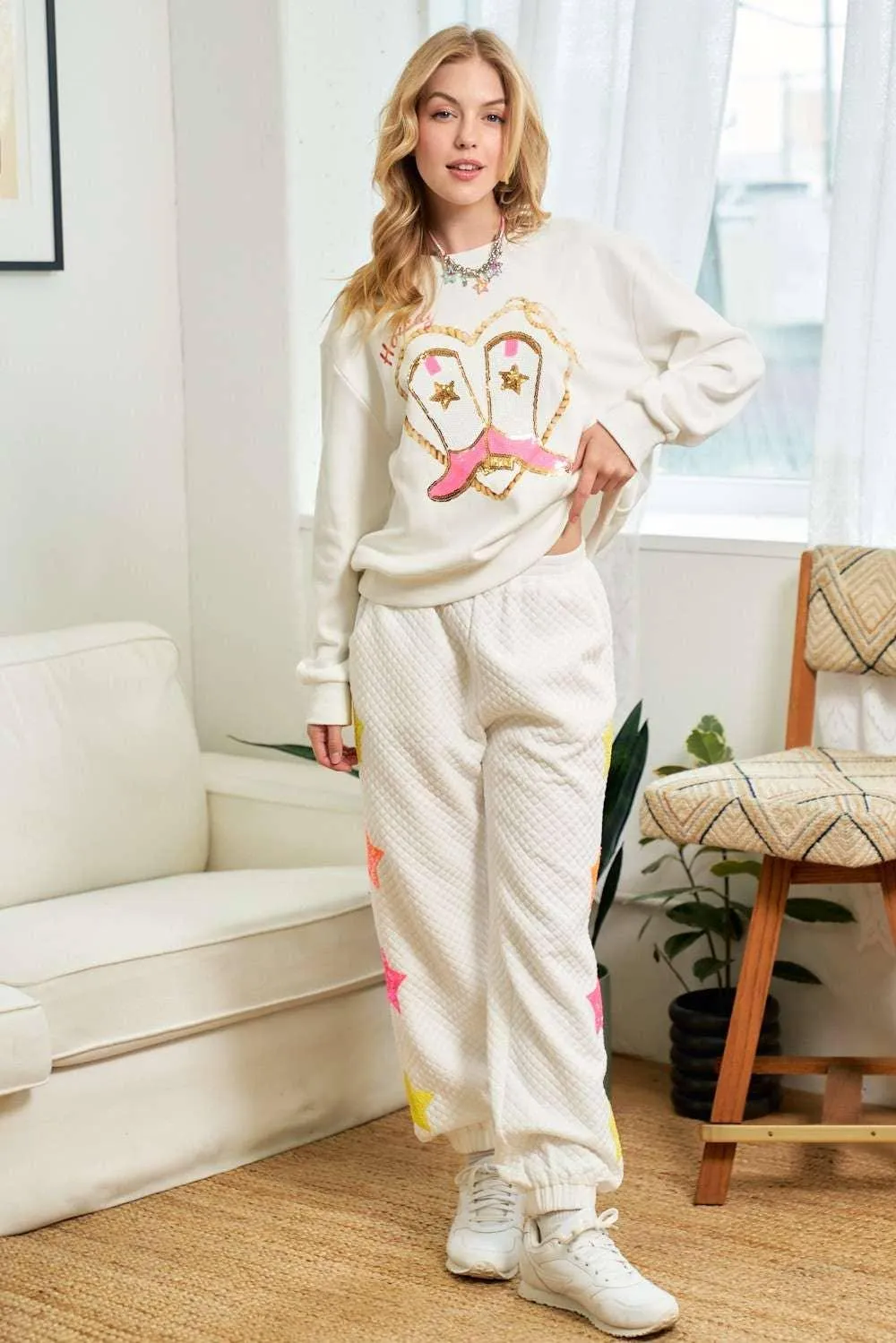 Cowgirl Rope Print With Sequin Boots Sweater