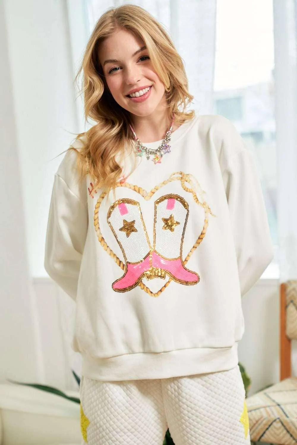 Cowgirl Rope Print With Sequin Boots Sweater