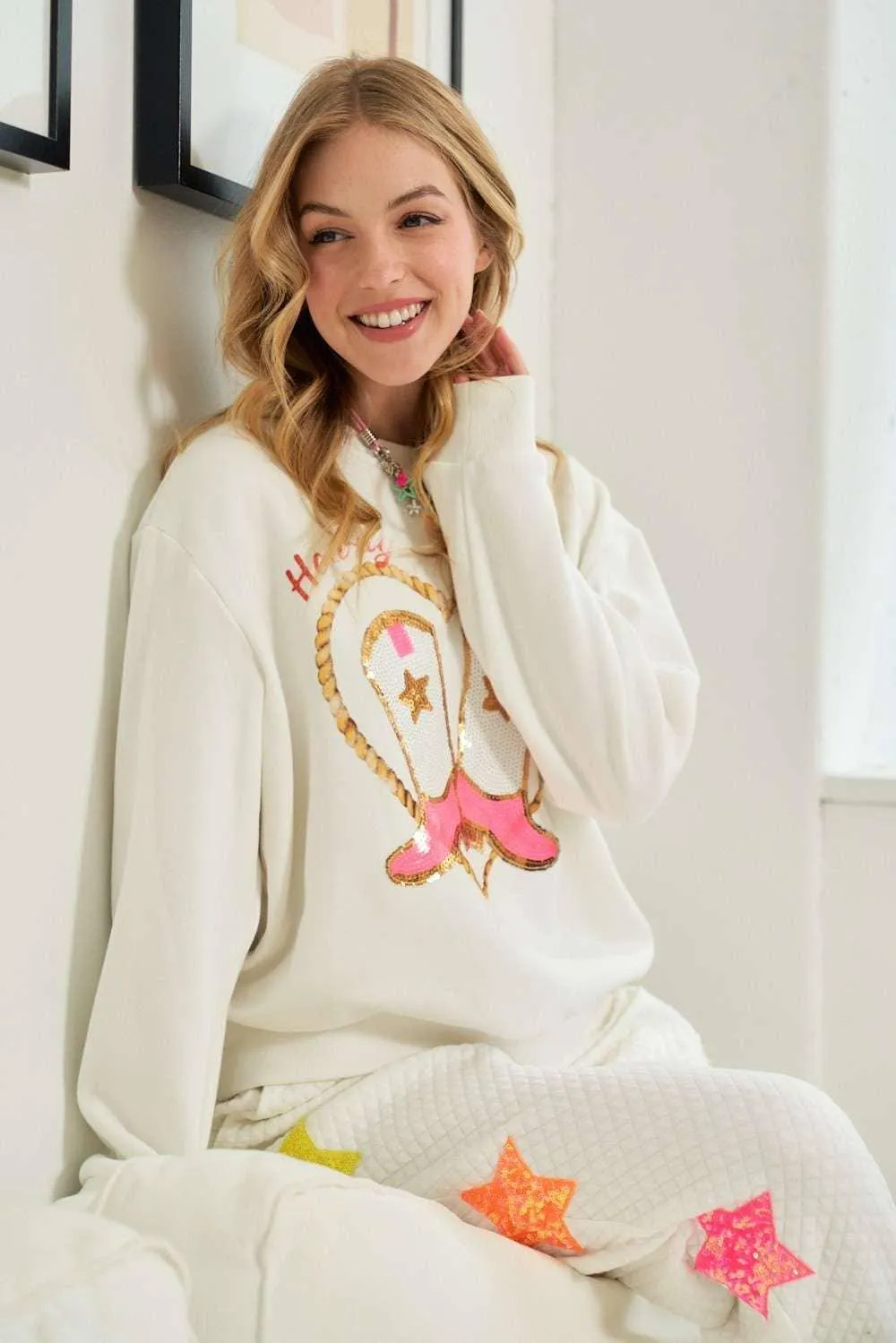 Cowgirl Rope Print With Sequin Boots Sweater
