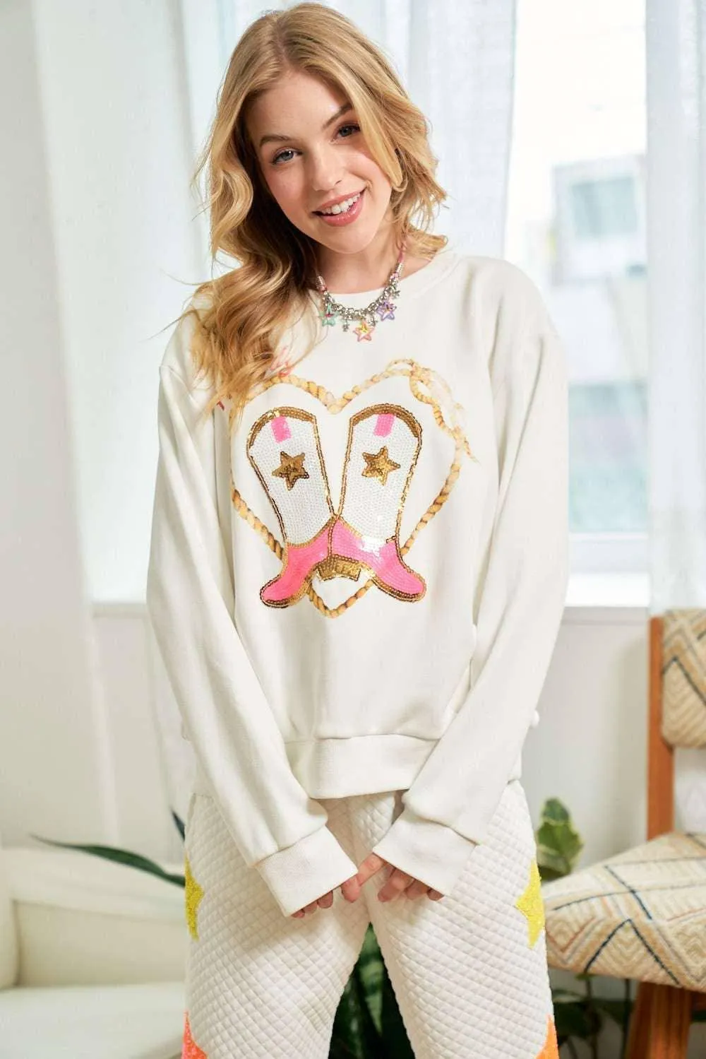 Cowgirl Rope Print With Sequin Boots Sweater
