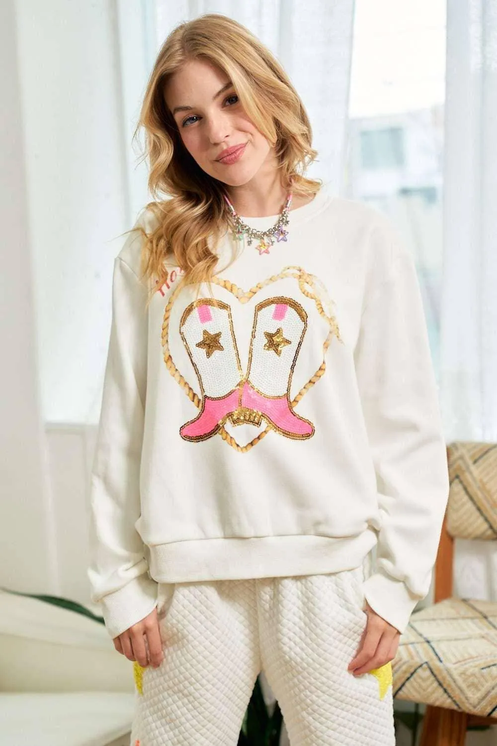Cowgirl Rope Print With Sequin Boots Sweater