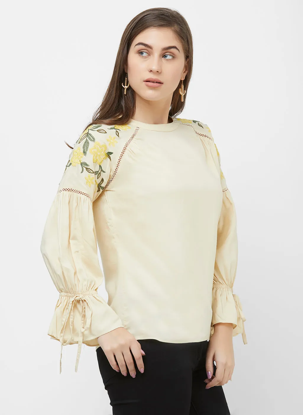 Cream Full Sleeves Embroidered Top