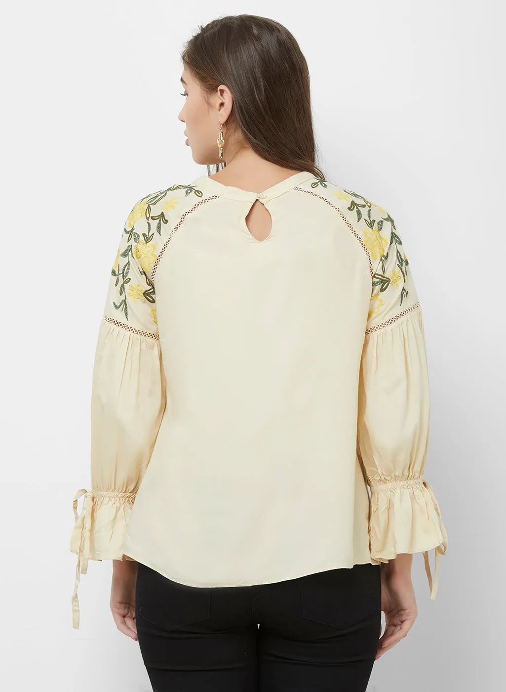 Cream Full Sleeves Embroidered Top