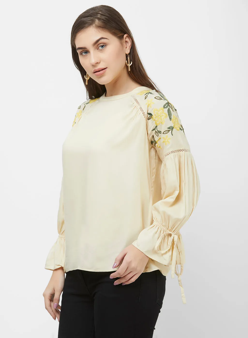 Cream Full Sleeves Embroidered Top