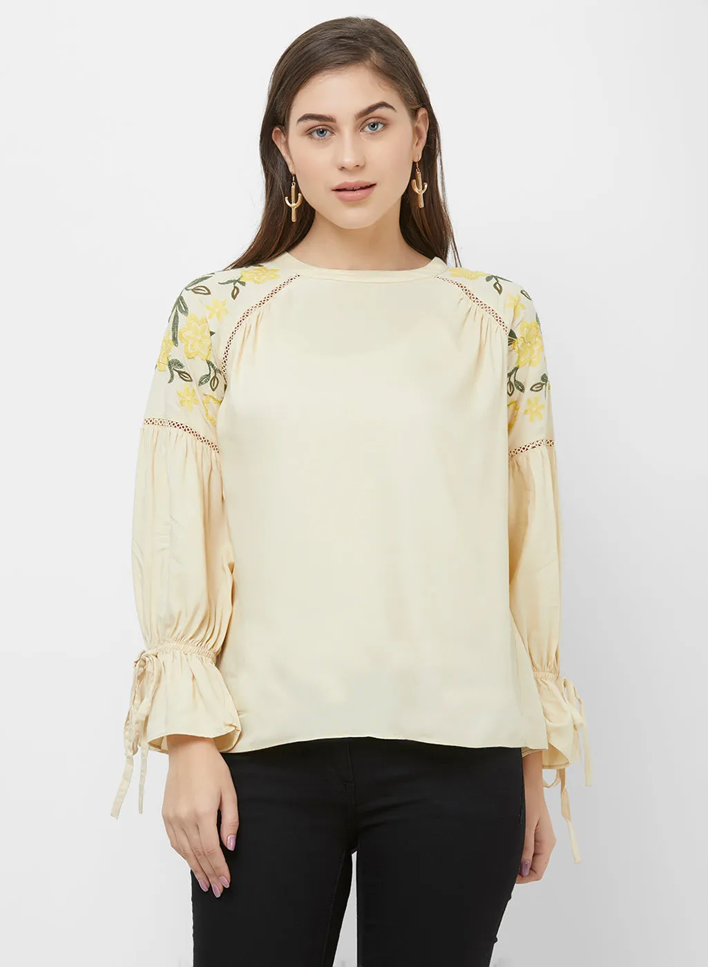 Cream Full Sleeves Embroidered Top