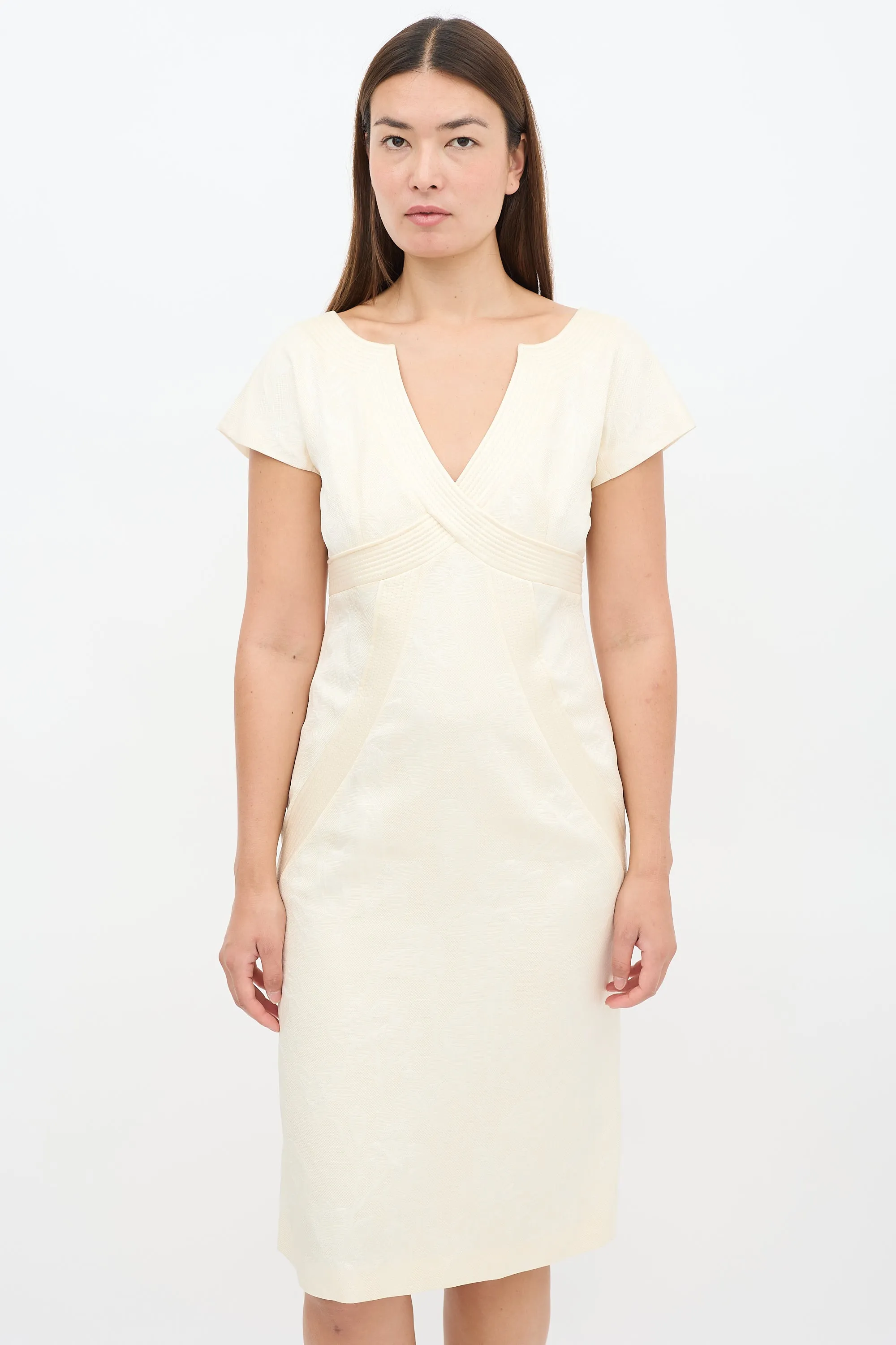 Cream Silk & Wool Floral Jacquard Sheath Dress