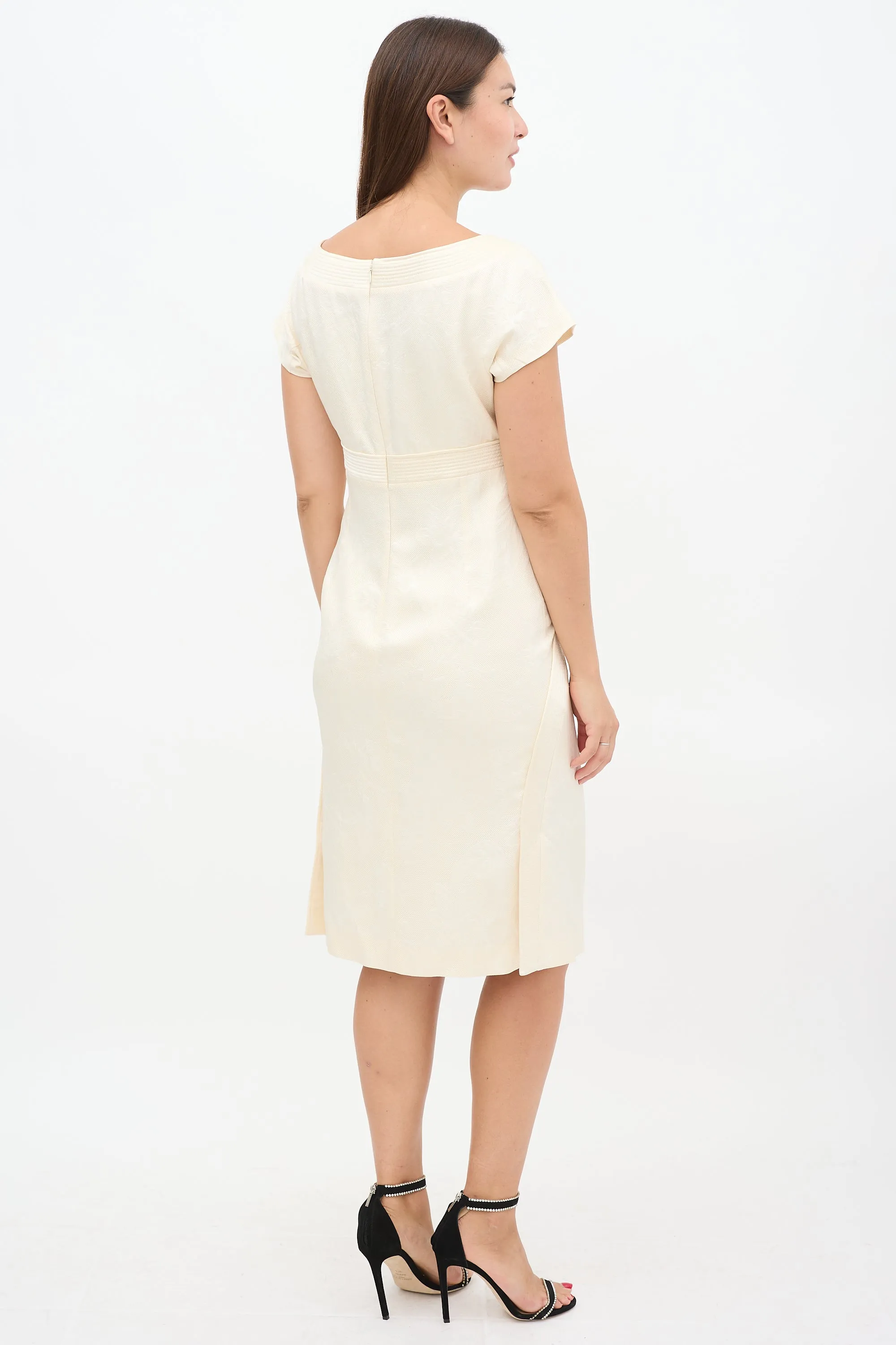 Cream Silk & Wool Floral Jacquard Sheath Dress