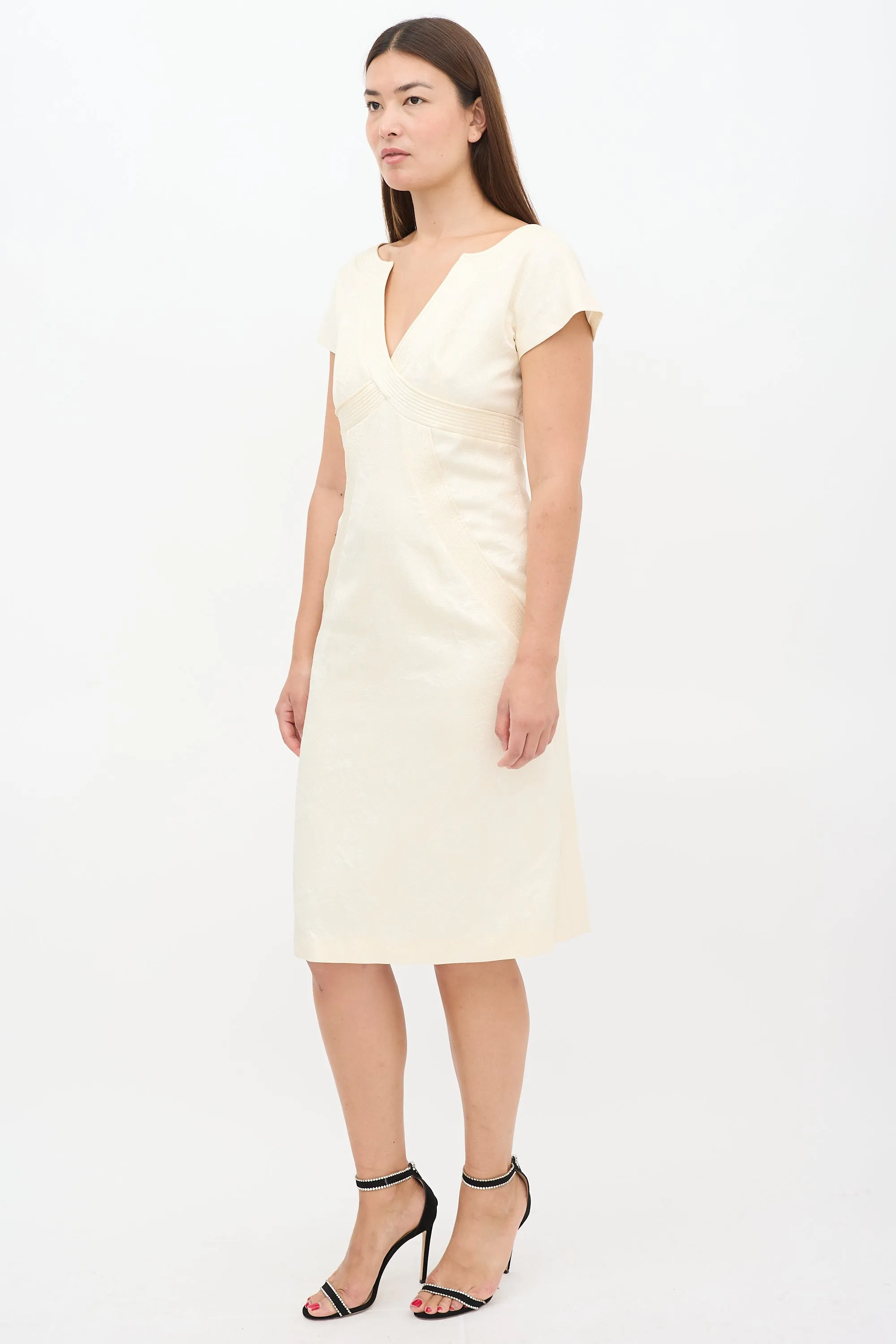 Cream Silk & Wool Floral Jacquard Sheath Dress