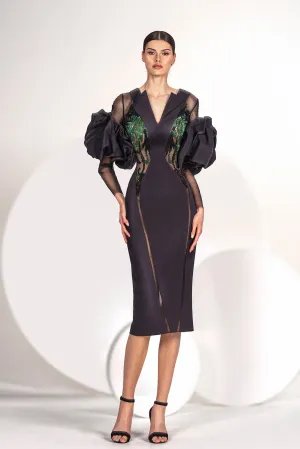 Crepe and Tulle Midi Dress with Sequins