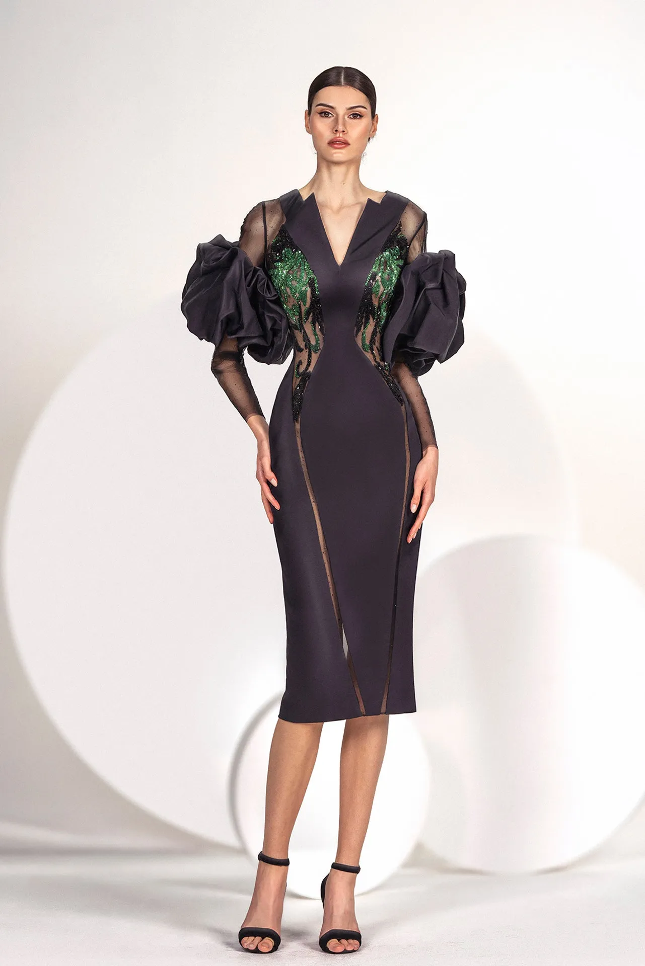 Crepe and Tulle Midi Dress with Sequins