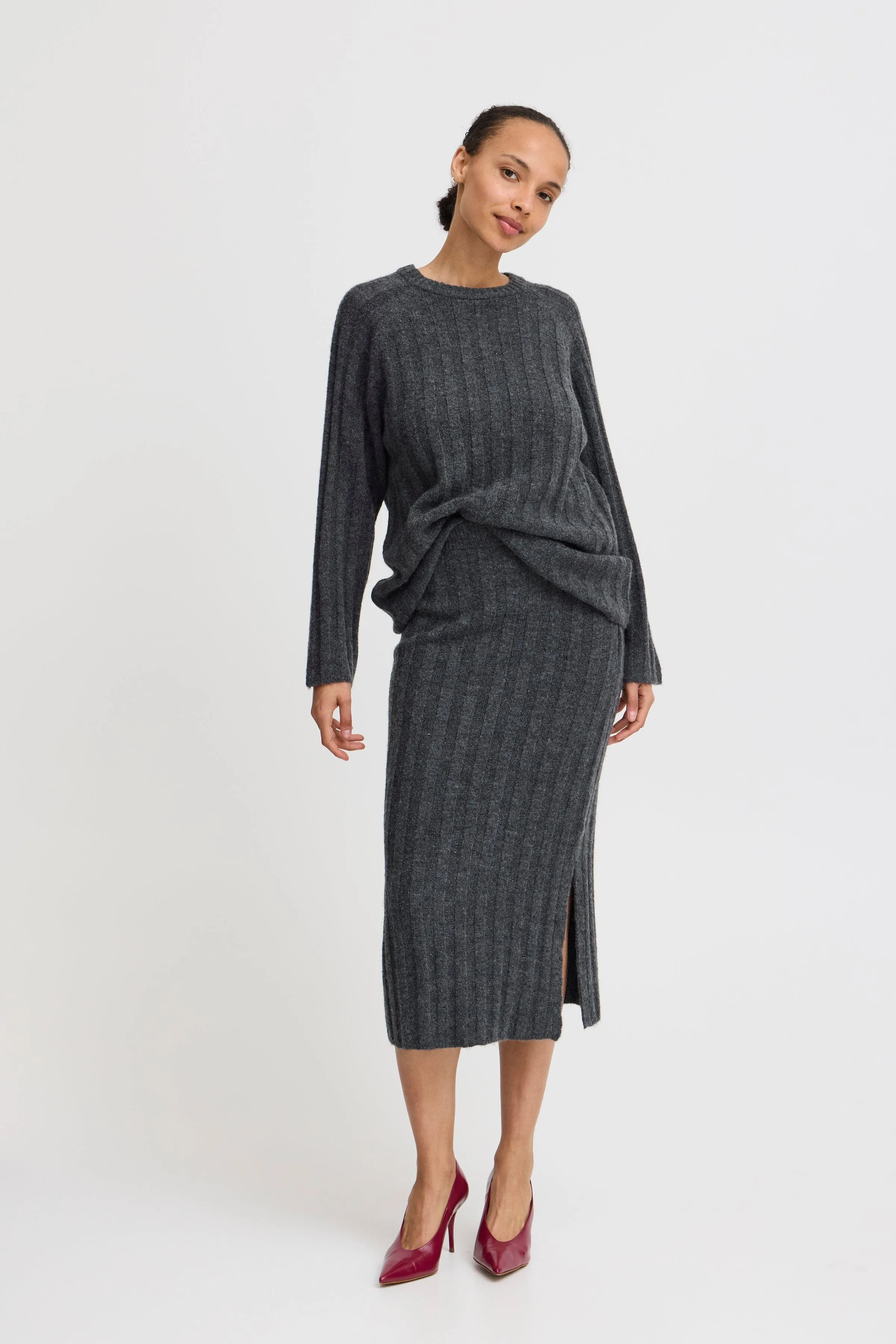 DARK GREY KNIT MIDI SKIRT