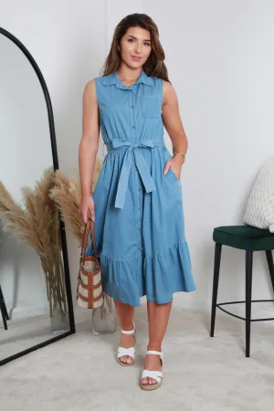 Double Second Belted Denim Chambray Shirt Dress