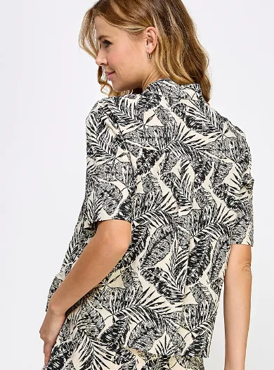 Ecru & Black Tropical Leaf Print Button Down Short Sleeve Shirt