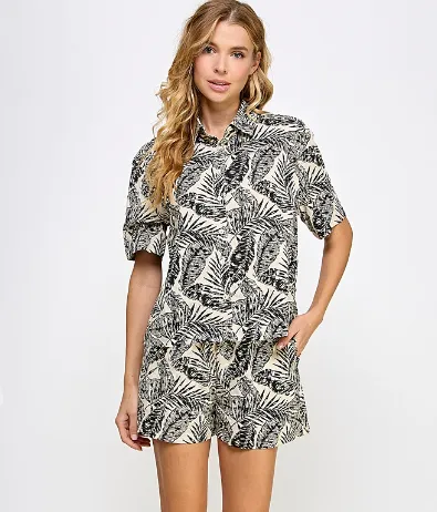 Ecru & Black Tropical Leaf Print Button Down Short Sleeve Shirt