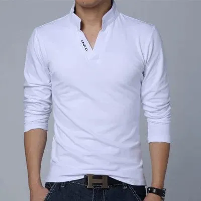 Eye-Catching Slim Fit Mens Tee Shirts in Solid Cotton for Spring Mandarin Collar Long Sleeve 5XL Size