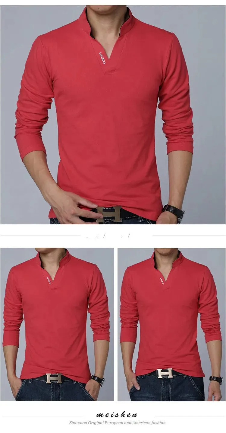 Eye-Catching Slim Fit Mens Tee Shirts in Solid Cotton for Spring Mandarin Collar Long Sleeve 5XL Size