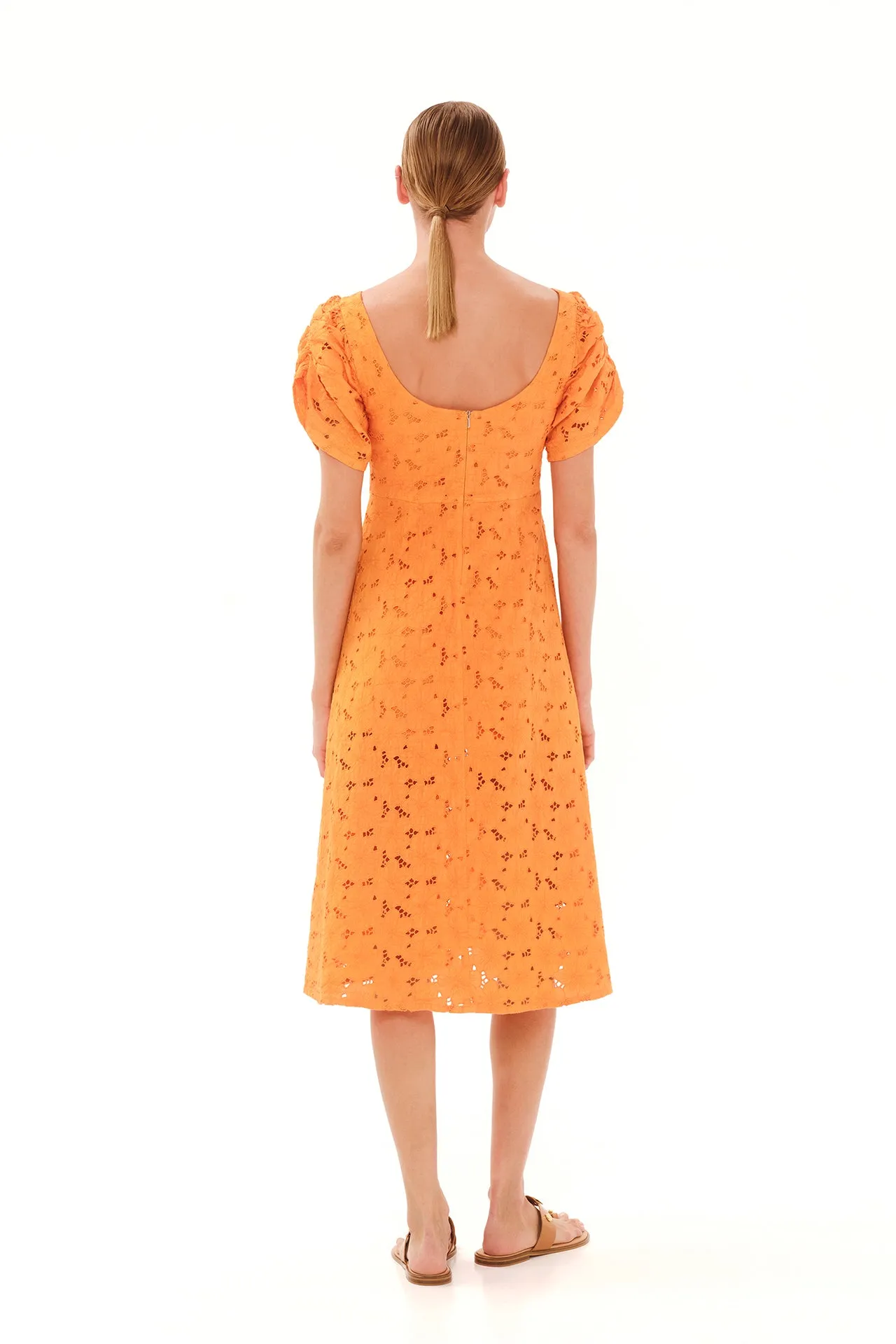 Eyelet Embroidery Scallop Trim Midi Linen Dress Orange