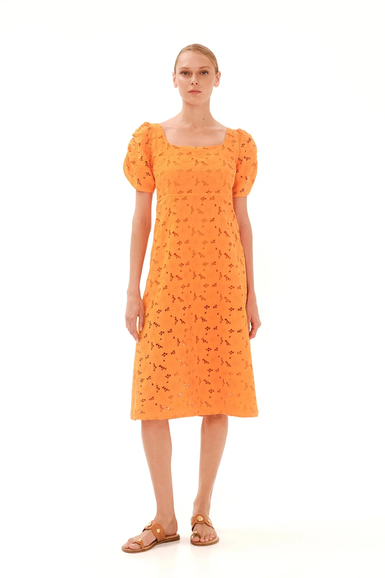 Eyelet Embroidery Scallop Trim Midi Linen Dress Orange