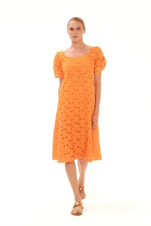 Eyelet Embroidery Scallop Trim Midi Linen Dress Orange