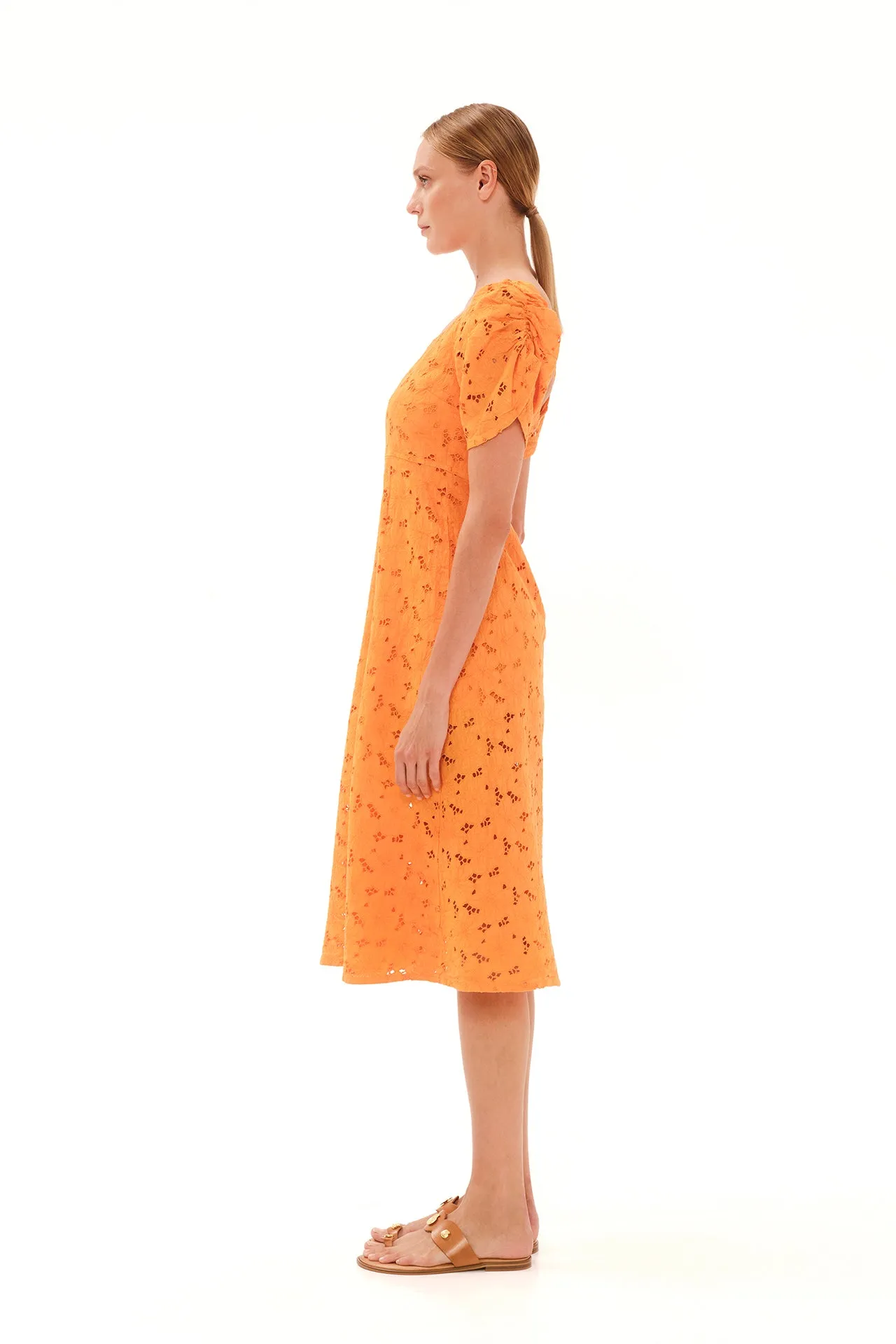 Eyelet Embroidery Scallop Trim Midi Linen Dress Orange