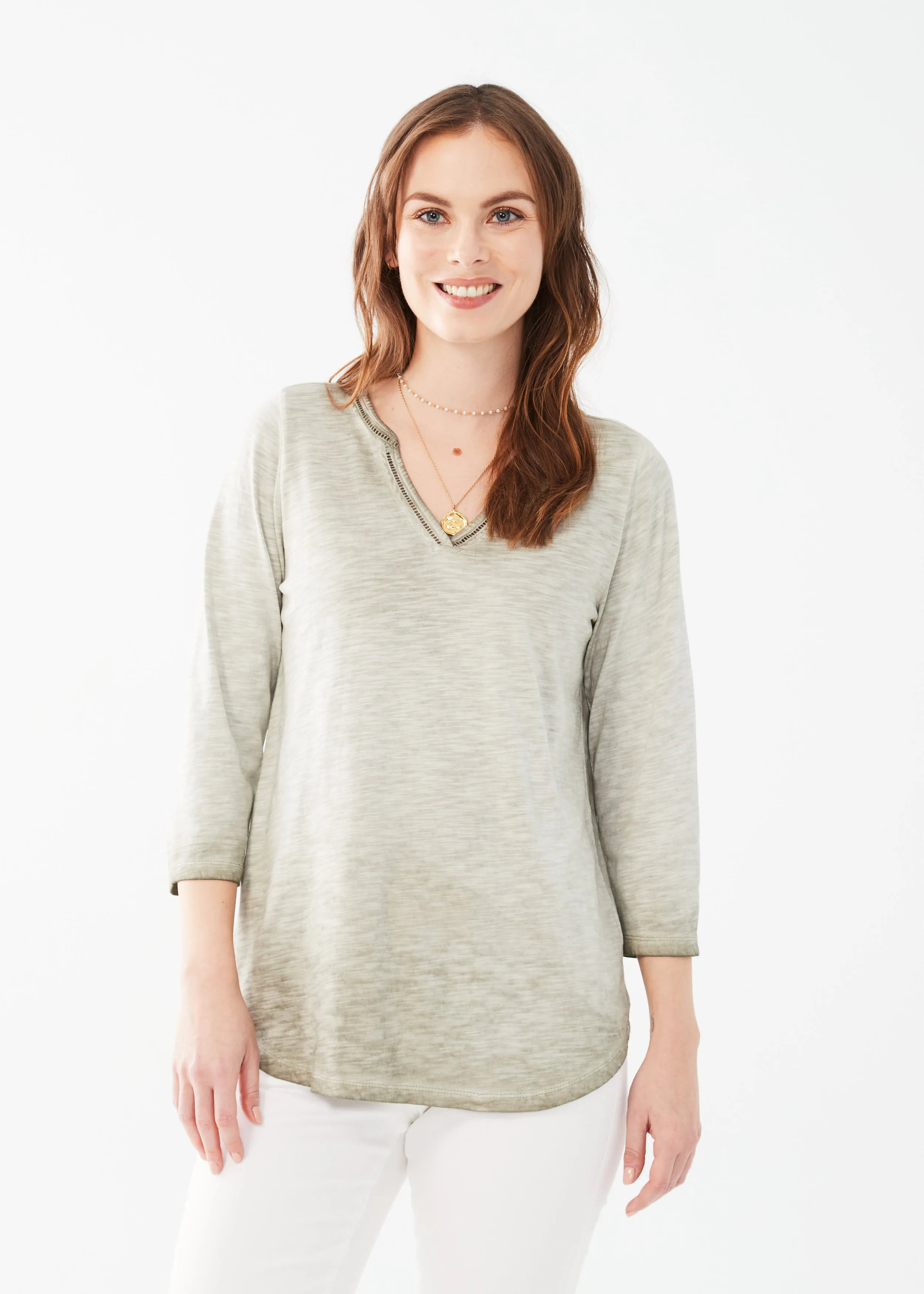 FDJ 3/4 Sleeve Split Neck Top
