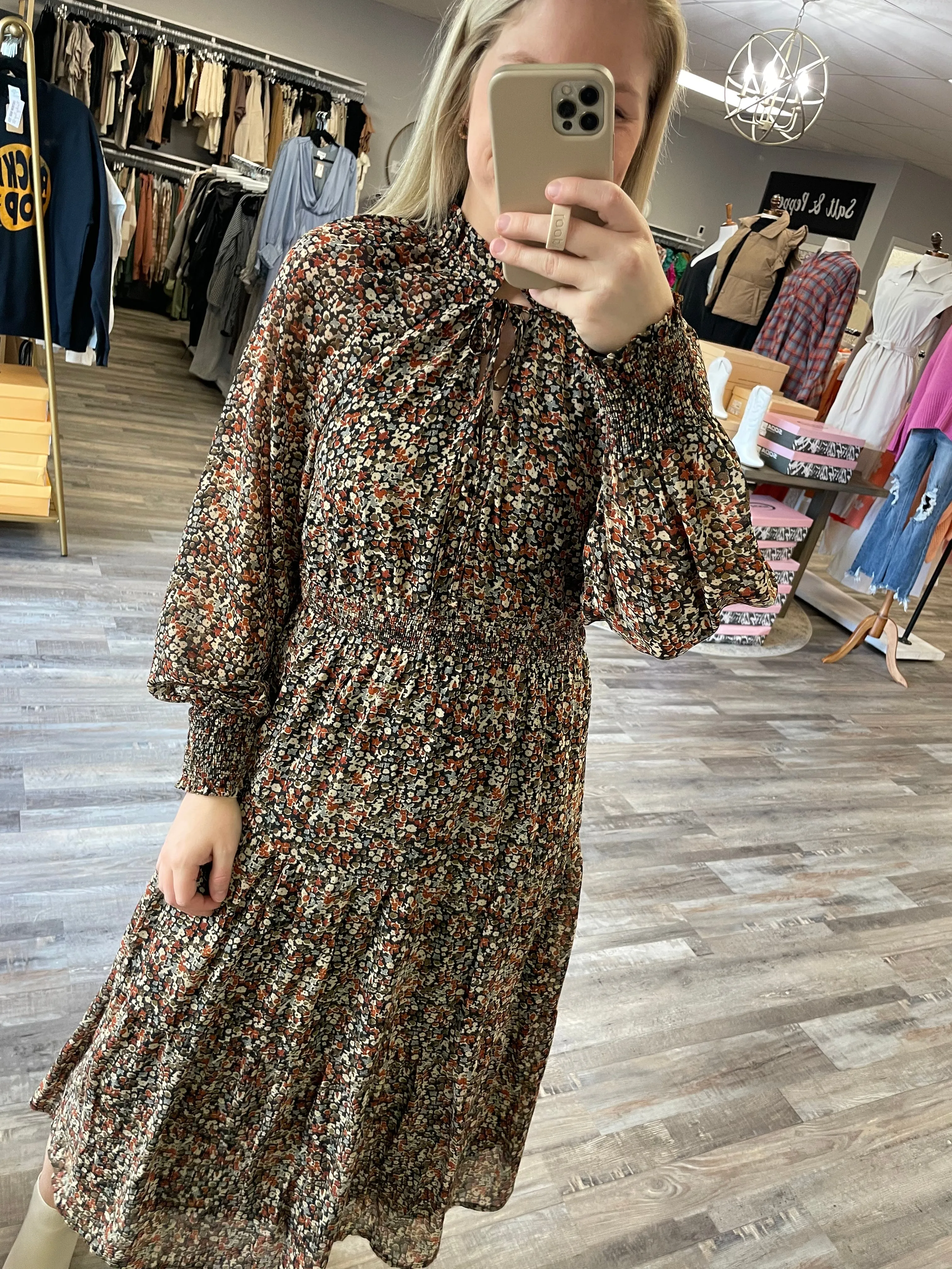 Floral Tiered Midi Dress - Black