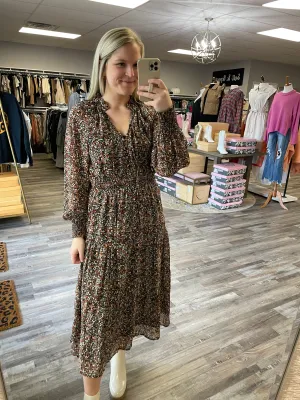 Floral Tiered Midi Dress - Black