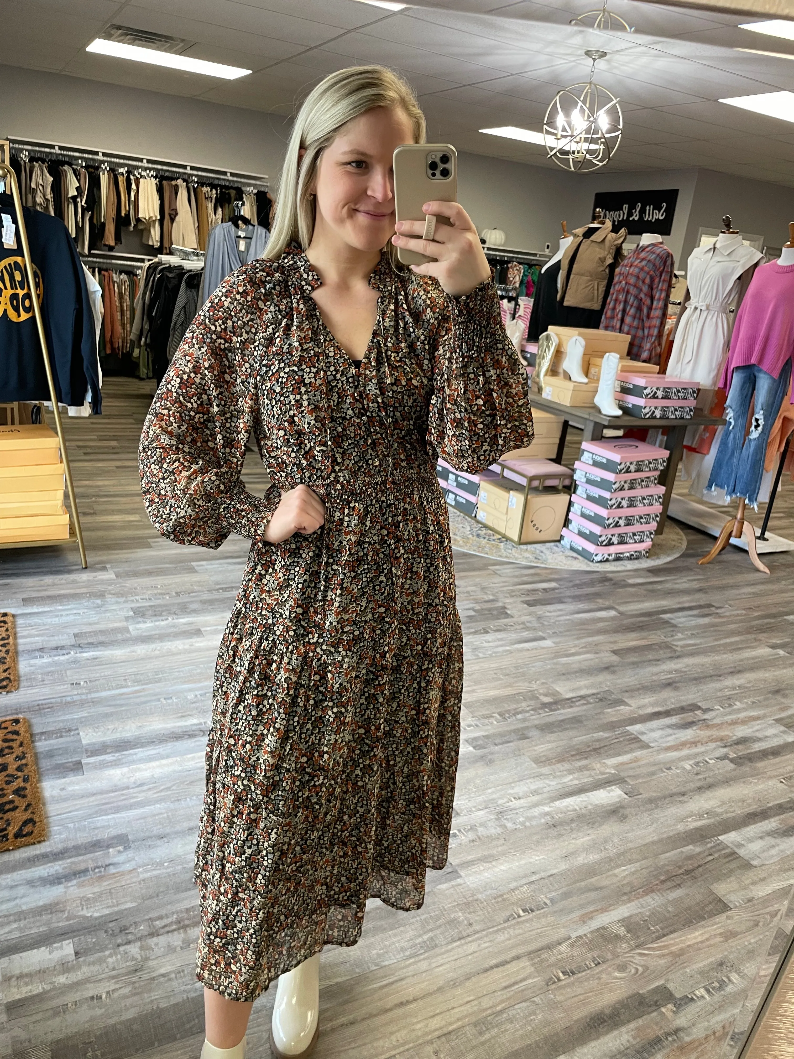 Floral Tiered Midi Dress - Black