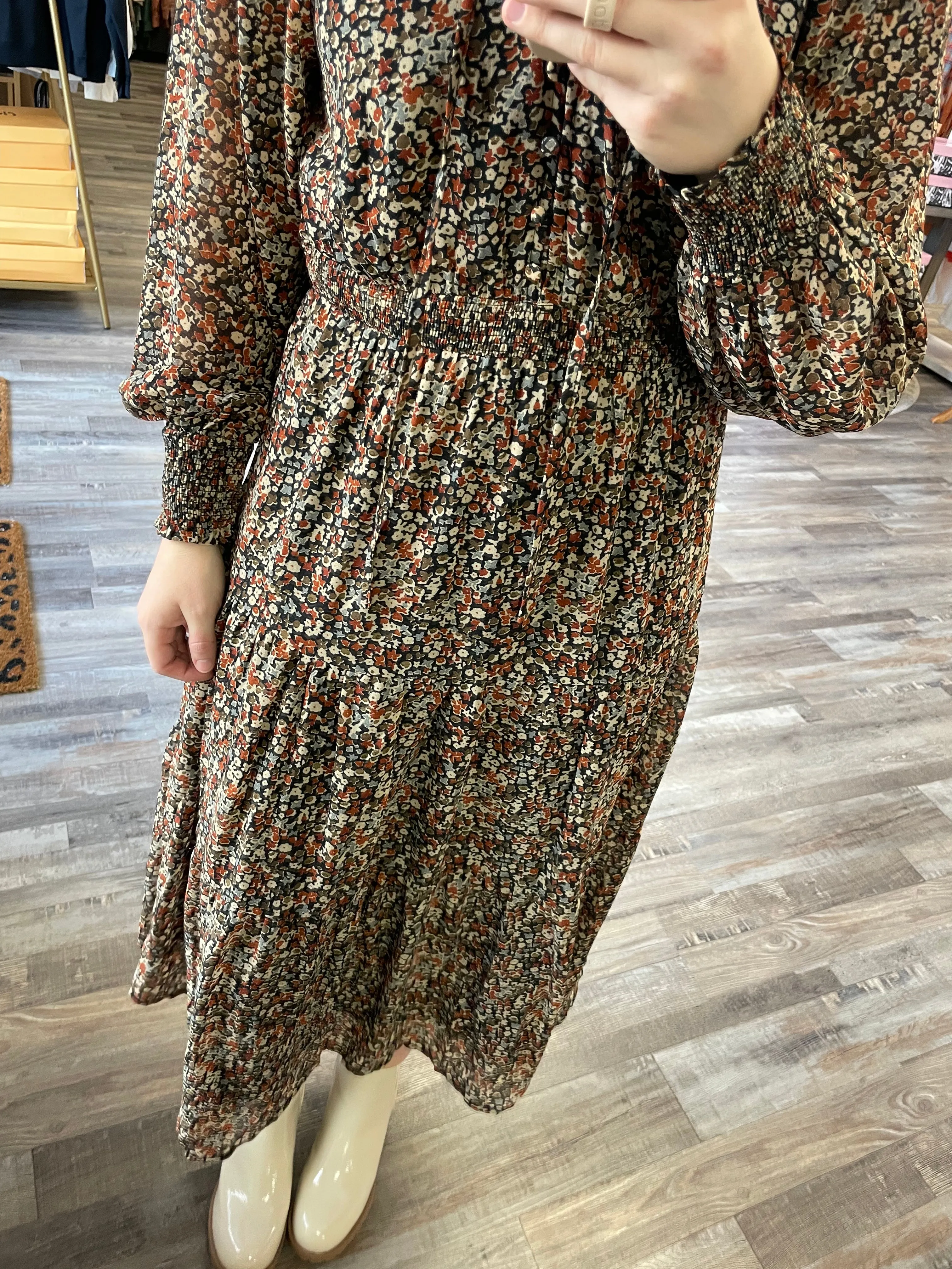 Floral Tiered Midi Dress - Black