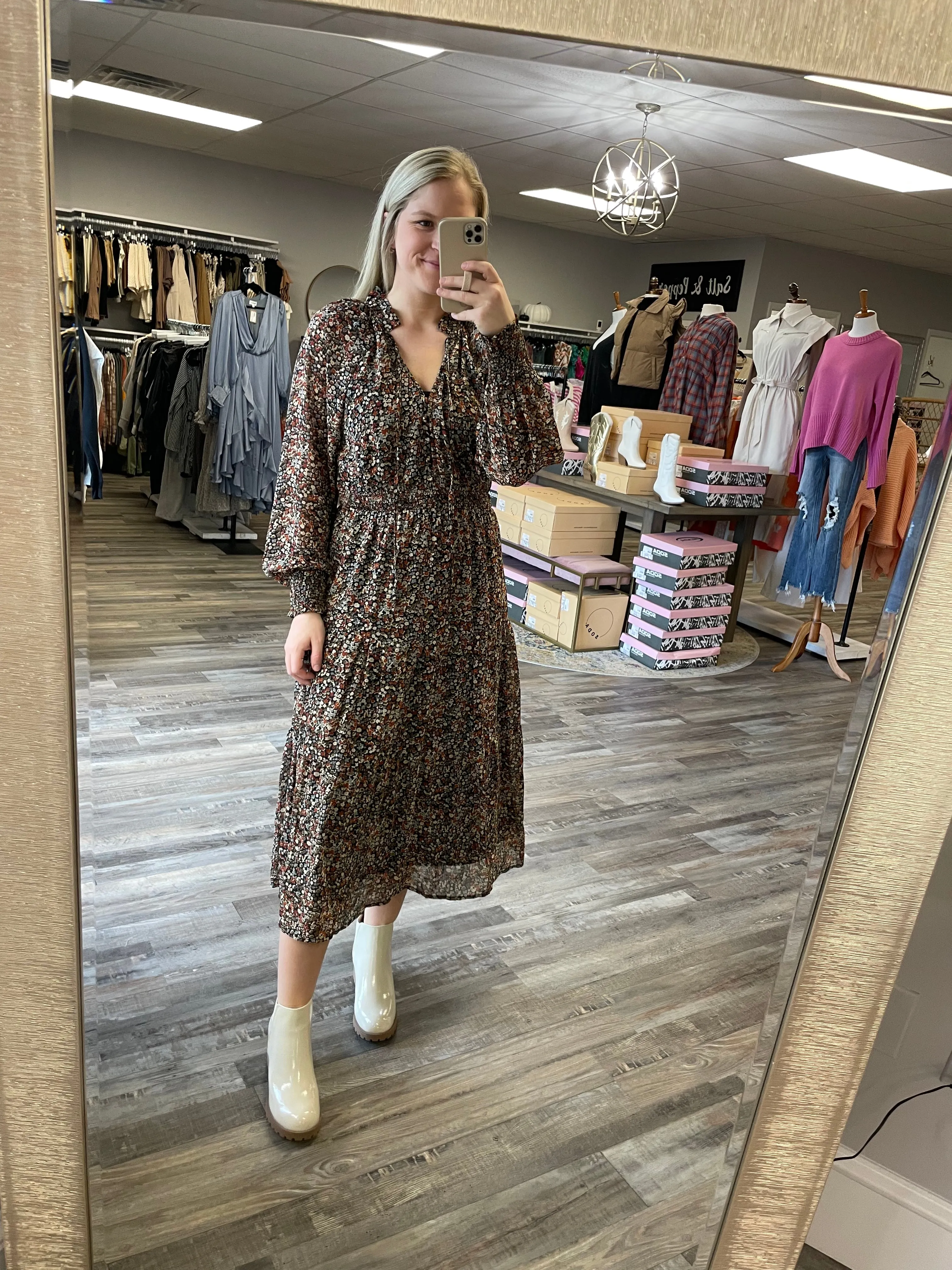 Floral Tiered Midi Dress - Black