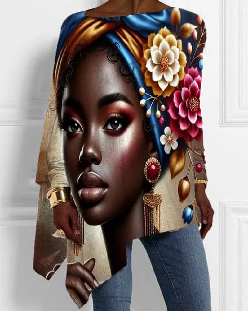Flowers Retro Ethnic Style Black Girl Irregular Top