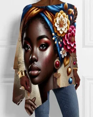 Flowers Retro Ethnic Style Black Girl Irregular Top
