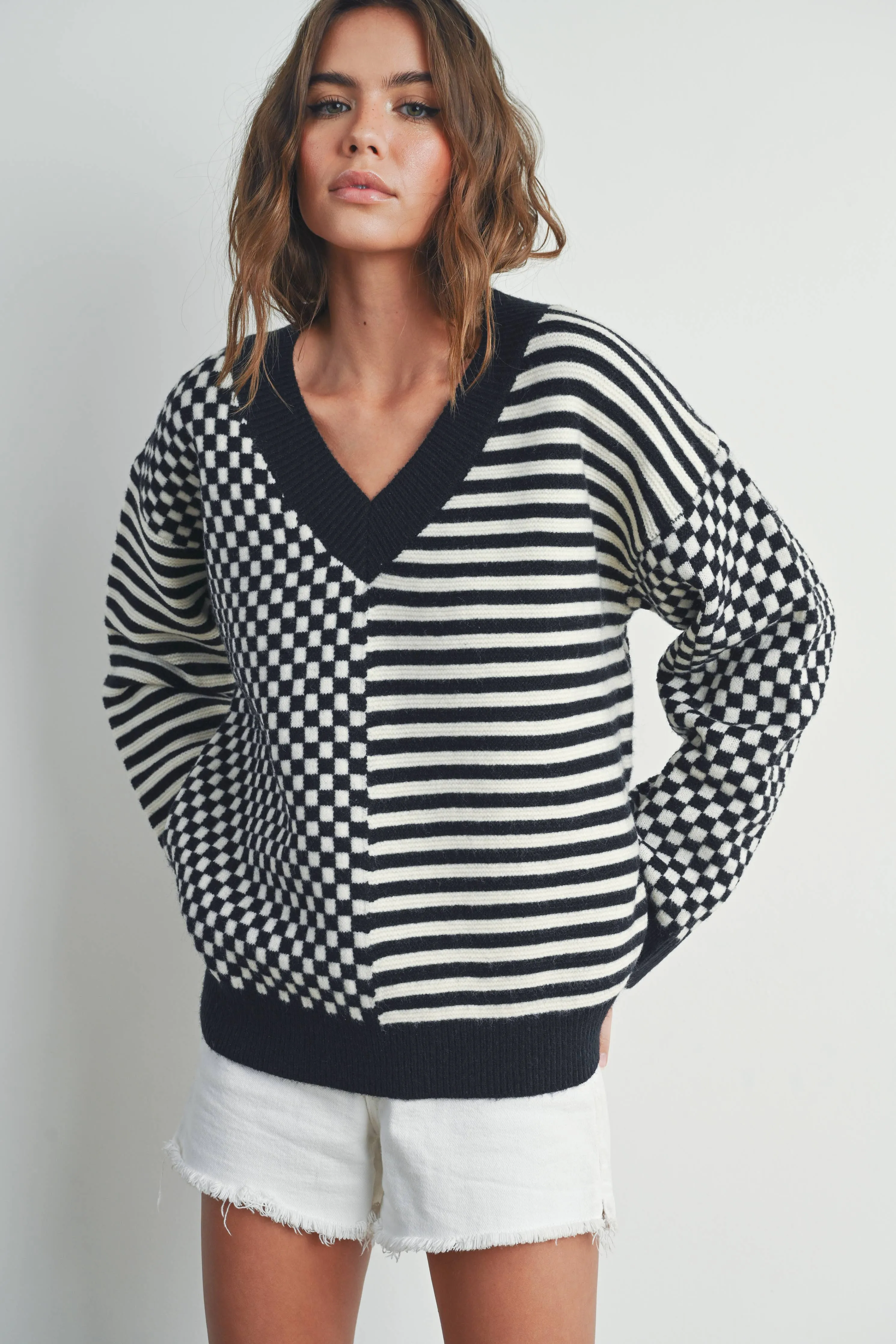 FRENCHY CHECKER PATTERN DROP SHOULDER SWEATER
