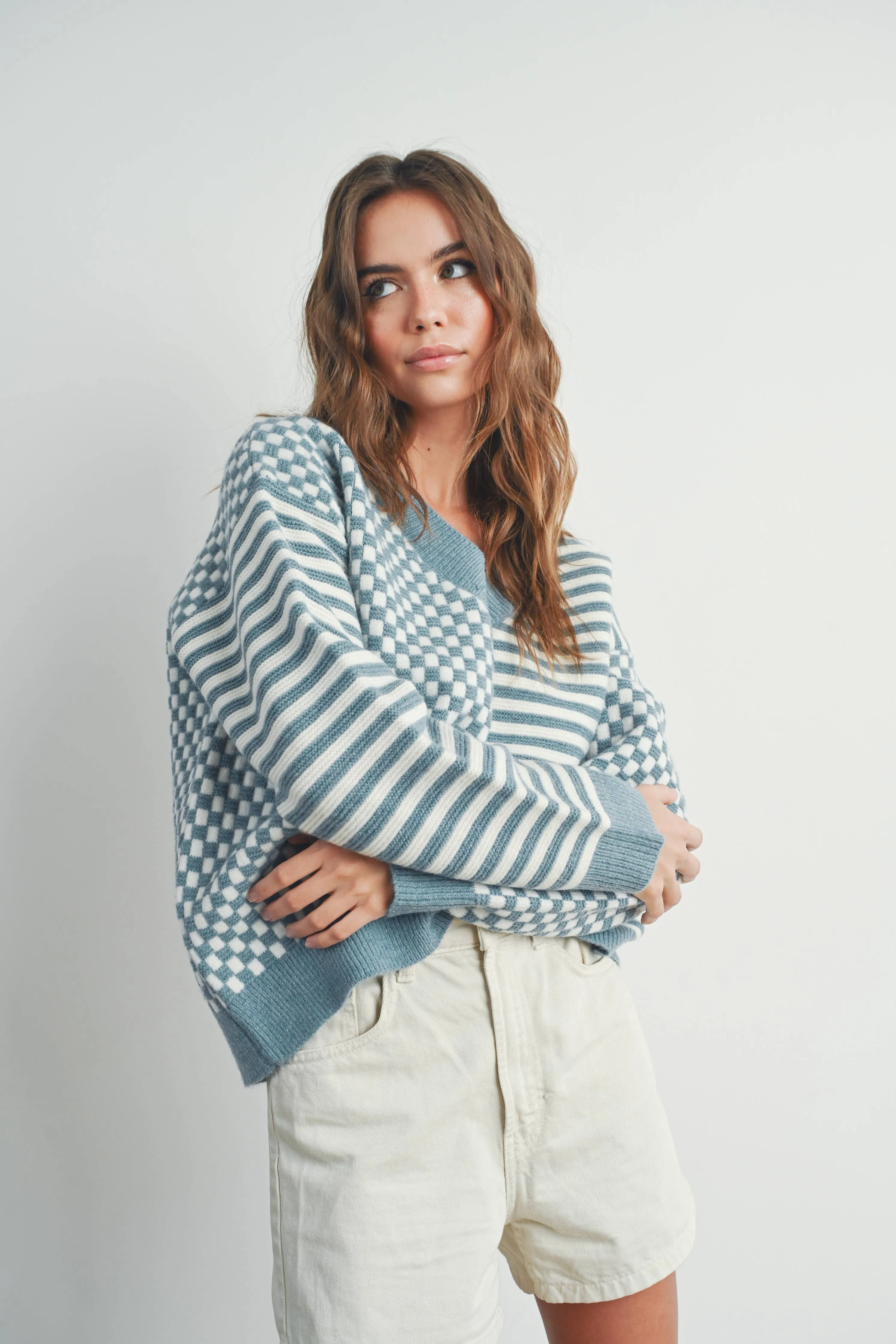 FRENCHY CHECKER PATTERN DROP SHOULDER SWEATER