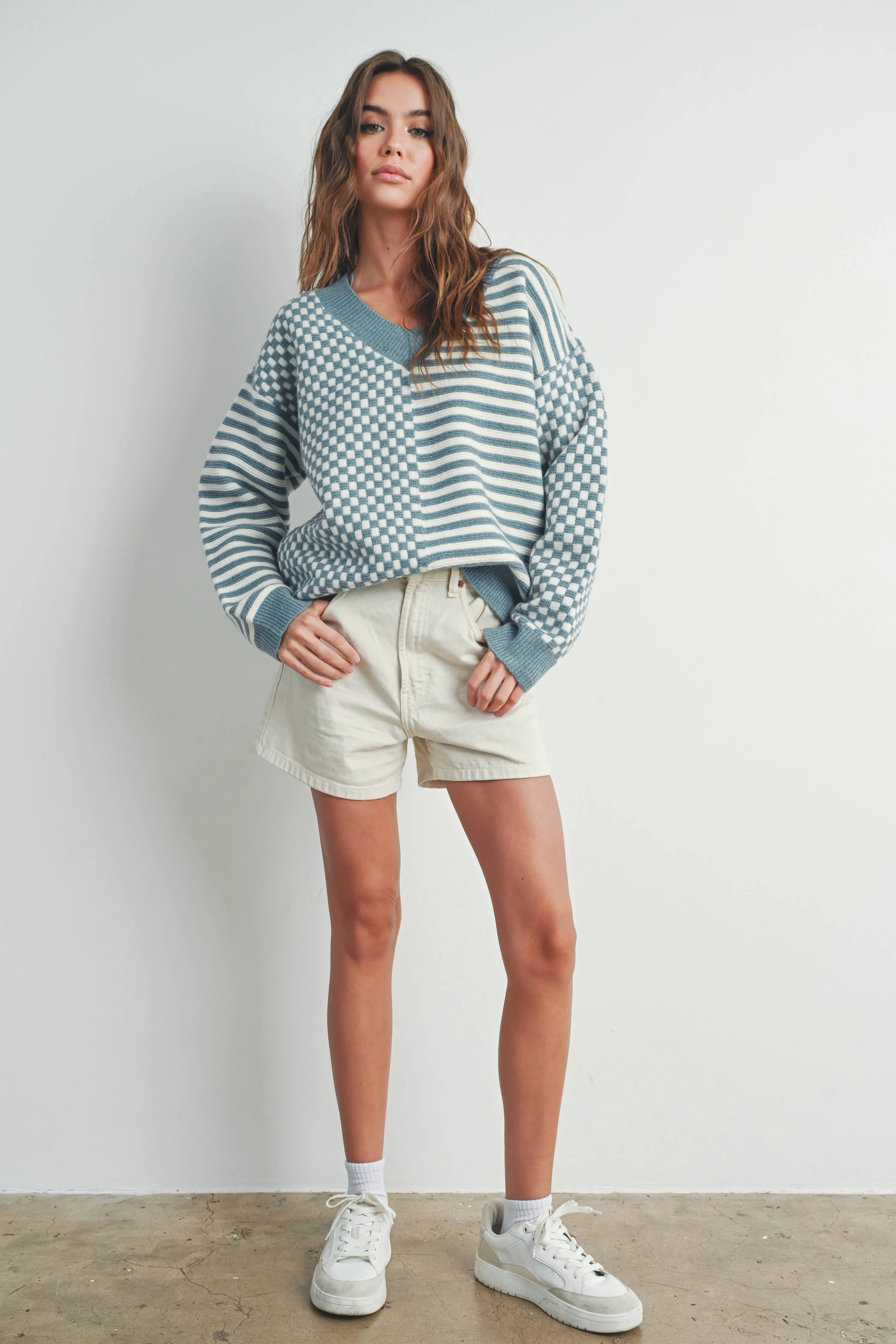FRENCHY CHECKER PATTERN DROP SHOULDER SWEATER