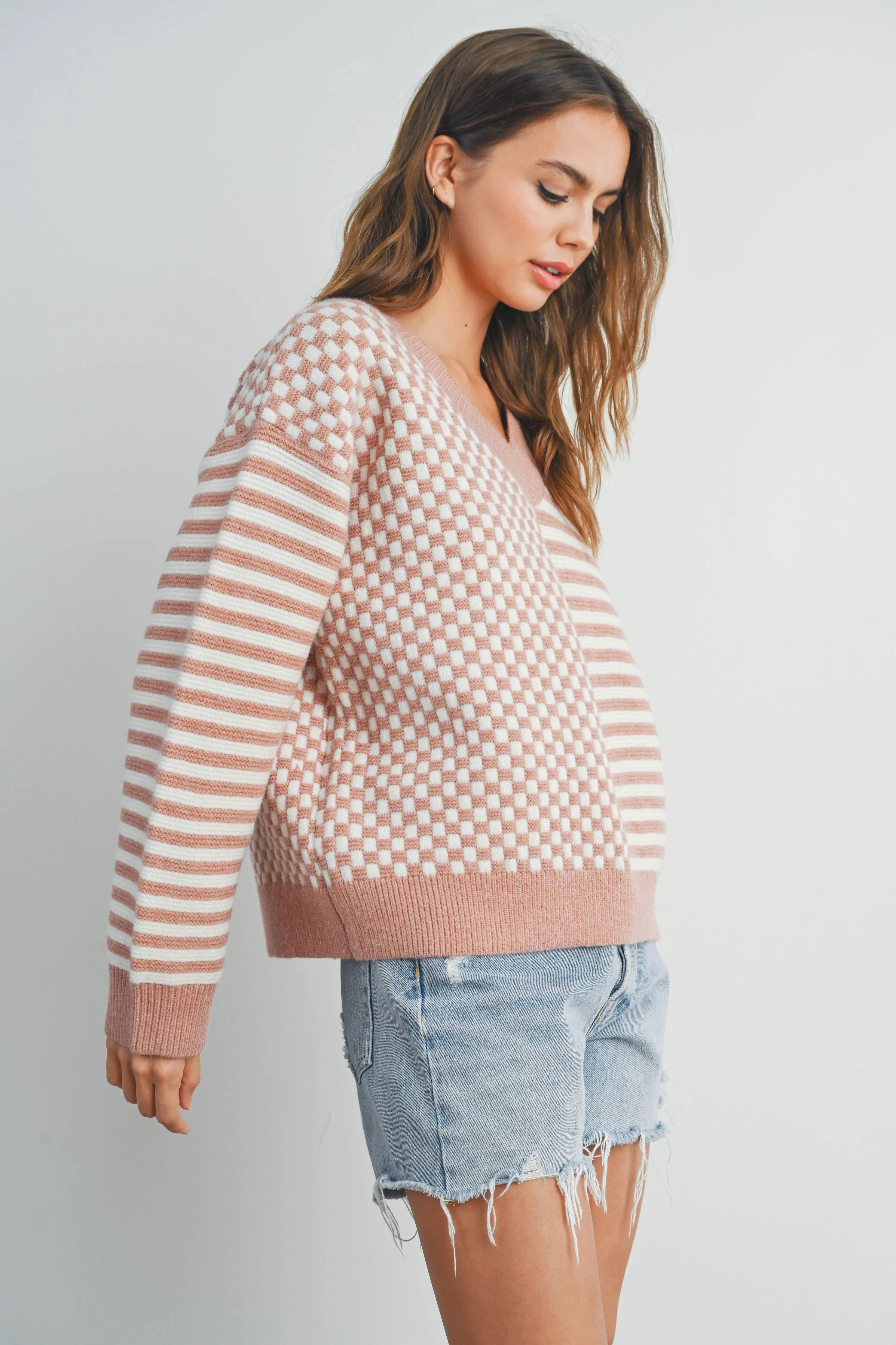 FRENCHY CHECKER PATTERN DROP SHOULDER SWEATER