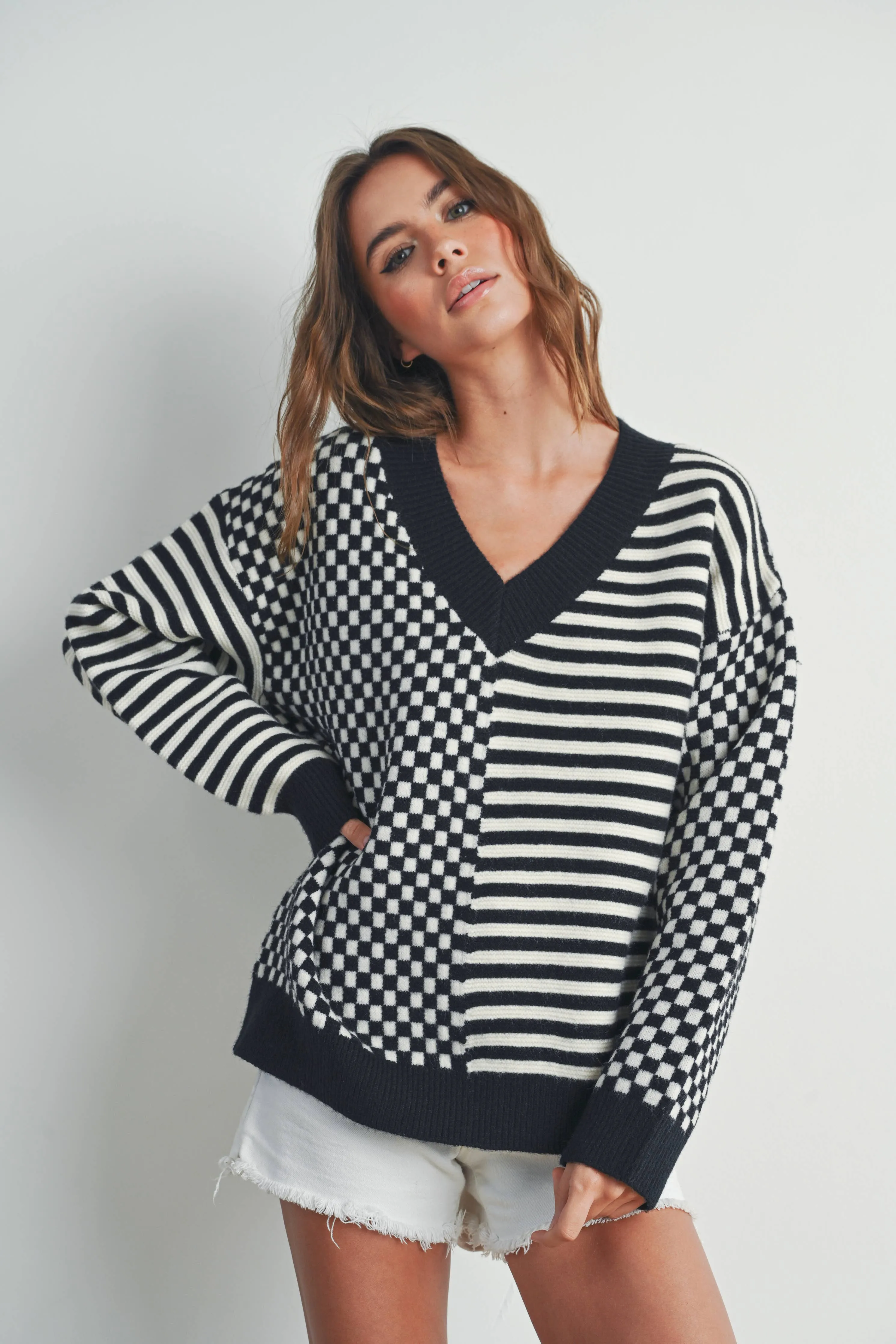 FRENCHY CHECKER PATTERN DROP SHOULDER SWEATER