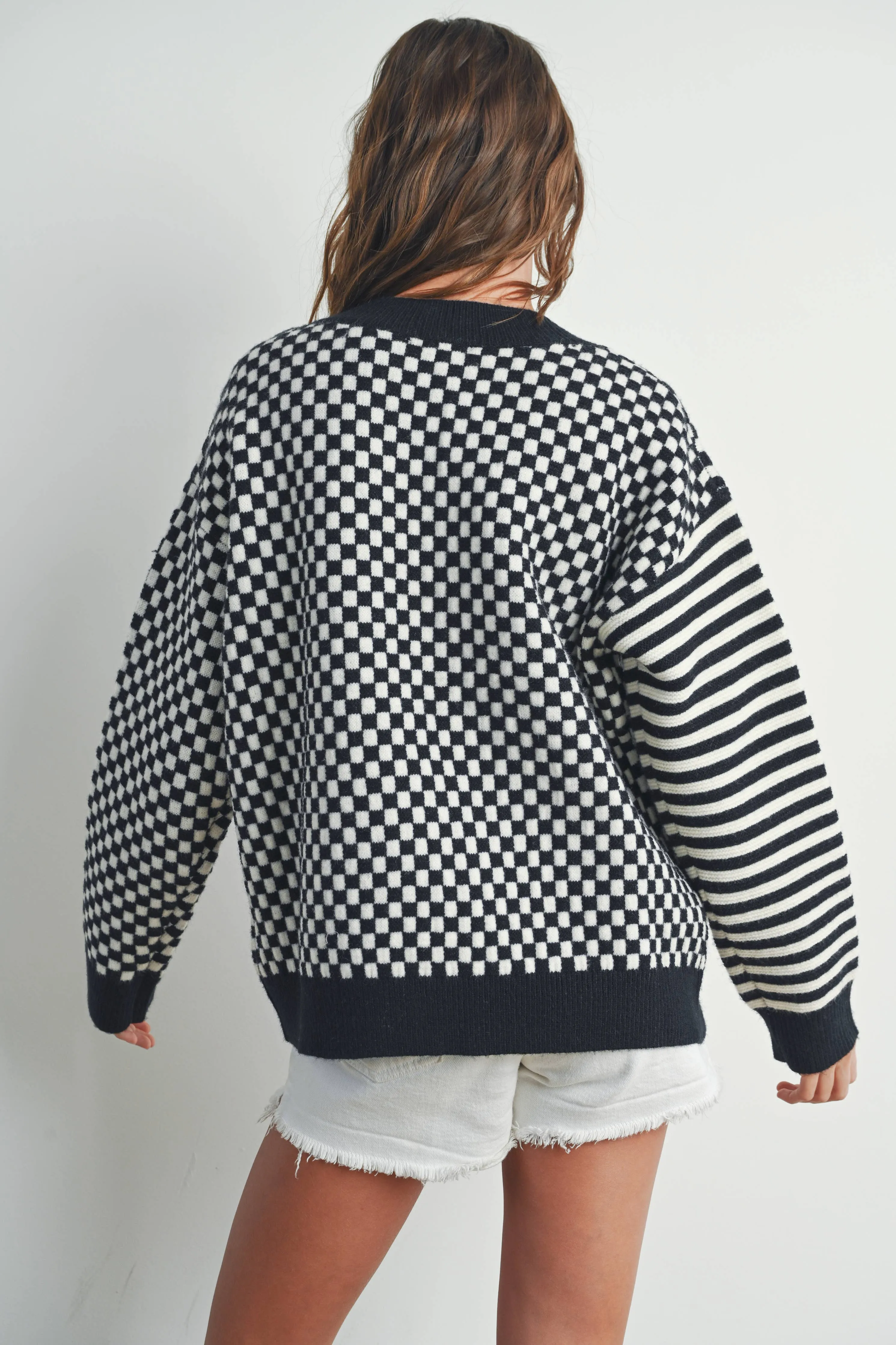 FRENCHY CHECKER PATTERN DROP SHOULDER SWEATER