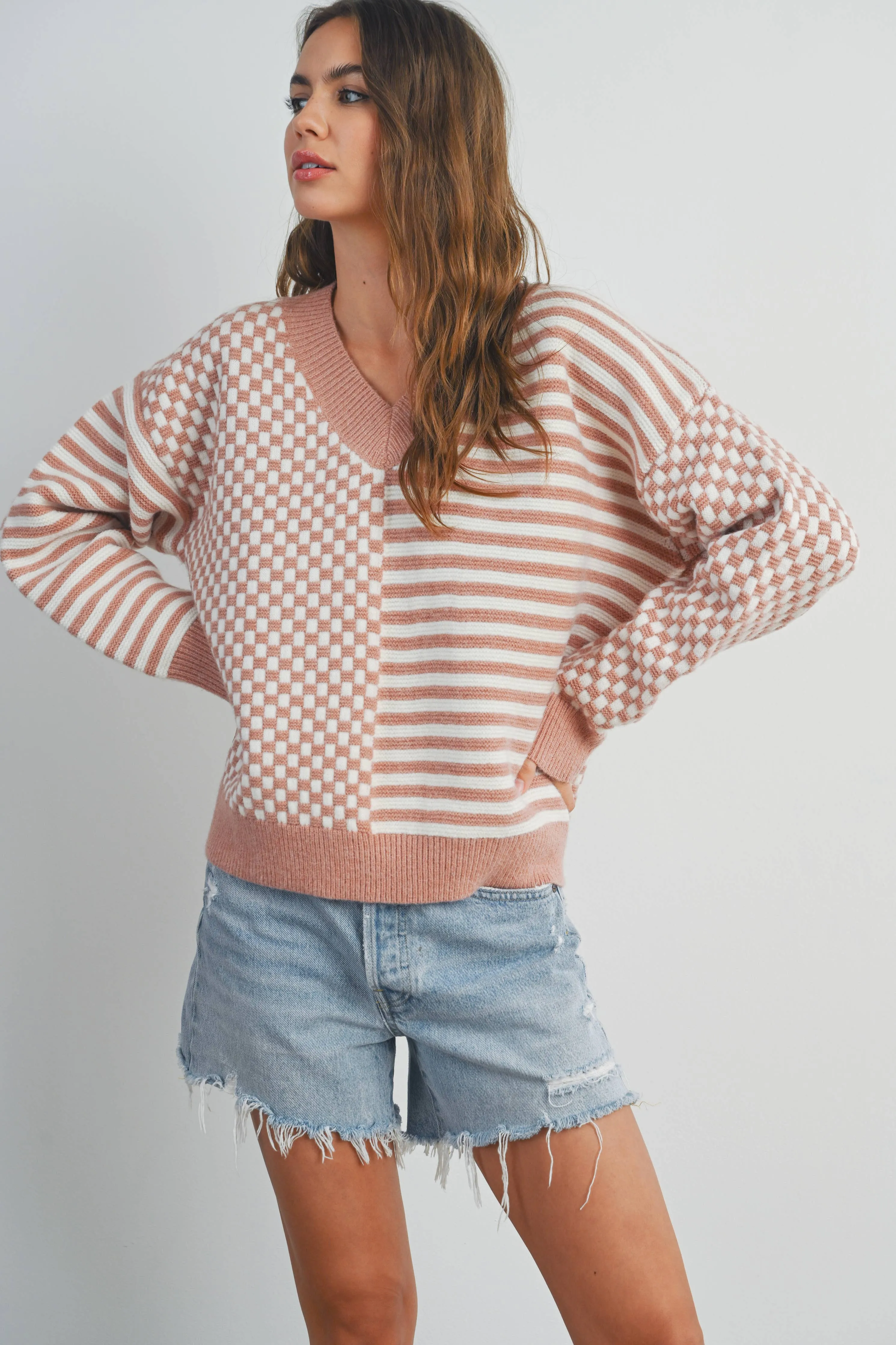 FRENCHY CHECKER PATTERN DROP SHOULDER SWEATER