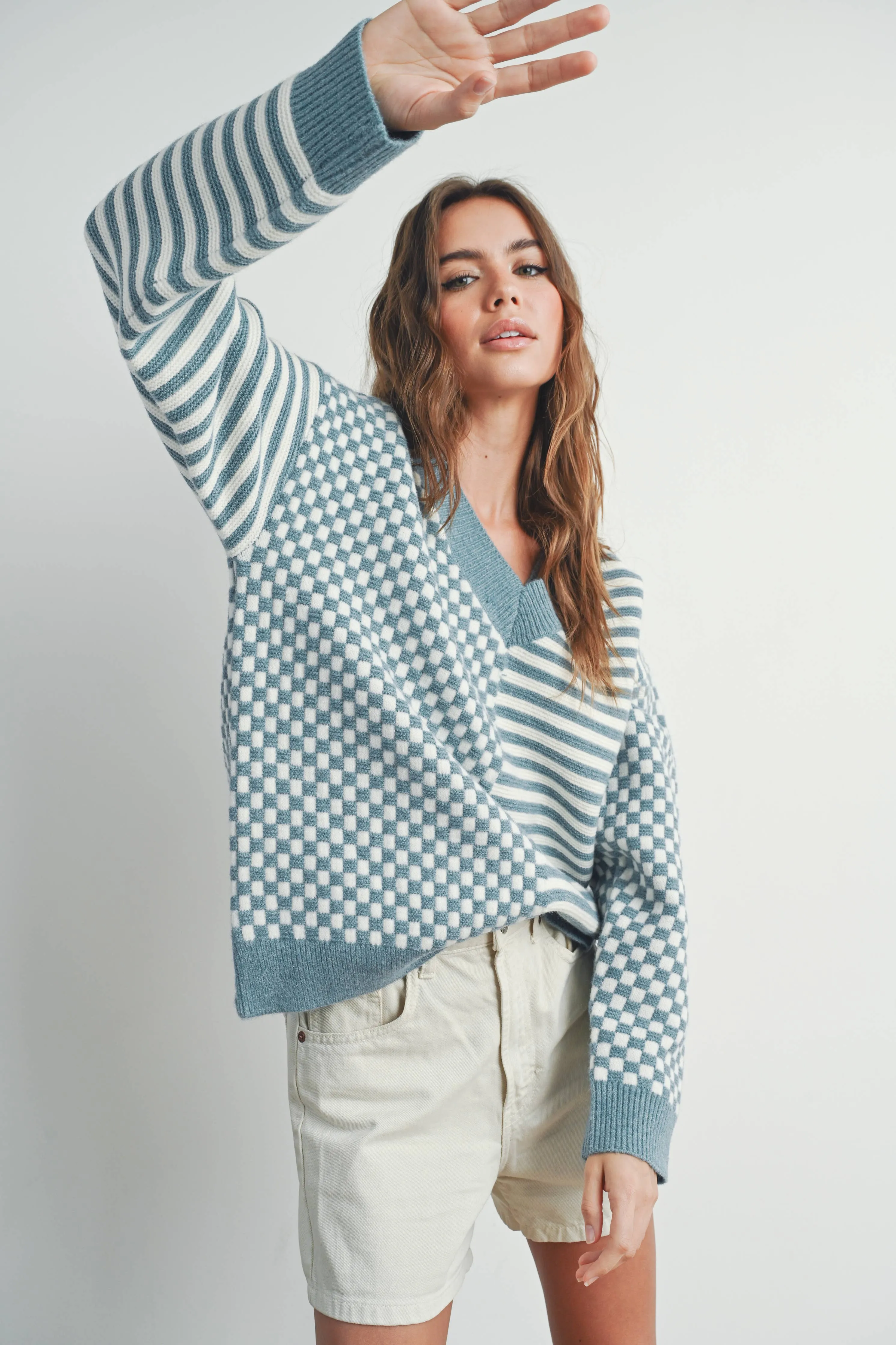 FRENCHY CHECKER PATTERN DROP SHOULDER SWEATER