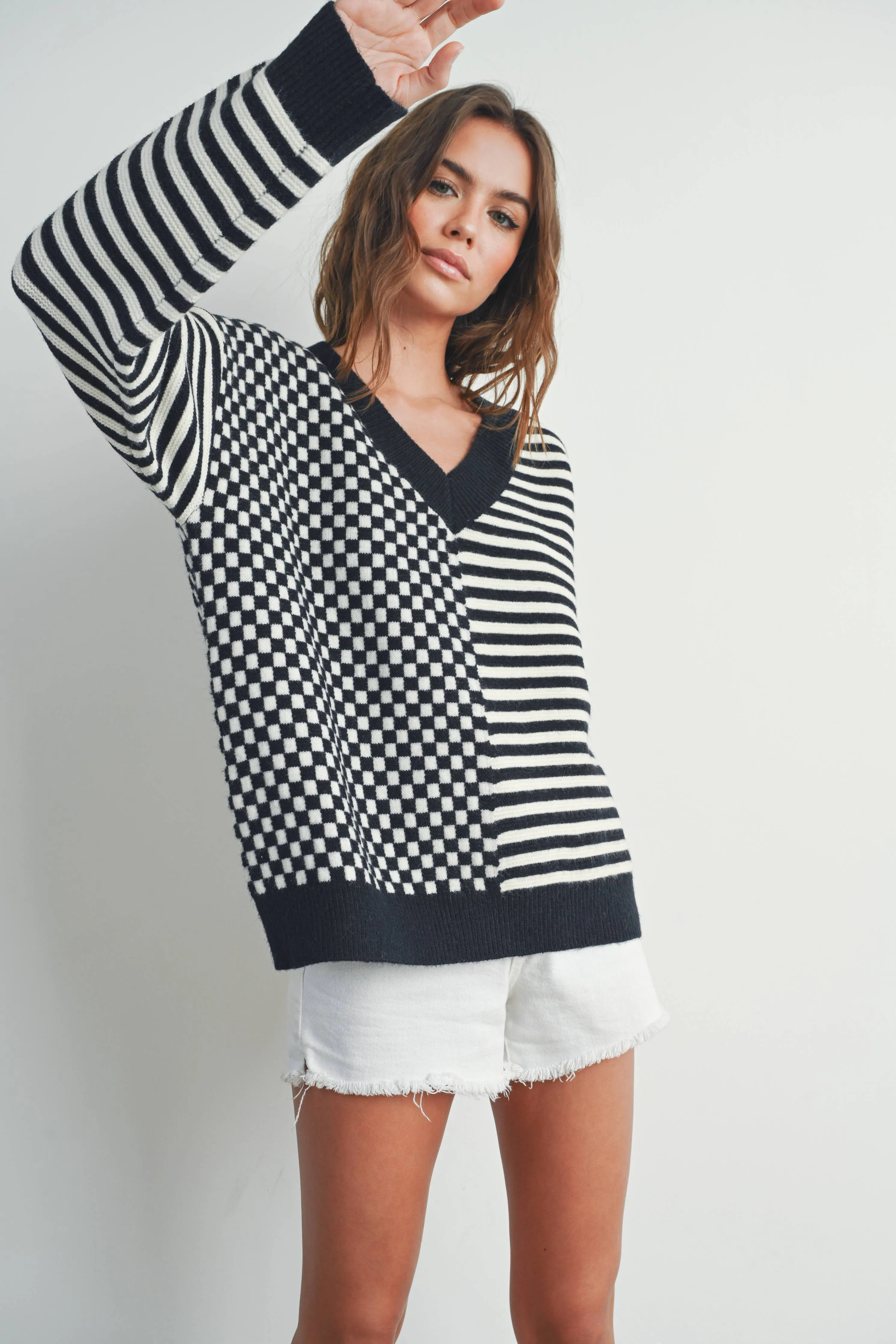 FRENCHY CHECKER PATTERN DROP SHOULDER SWEATER